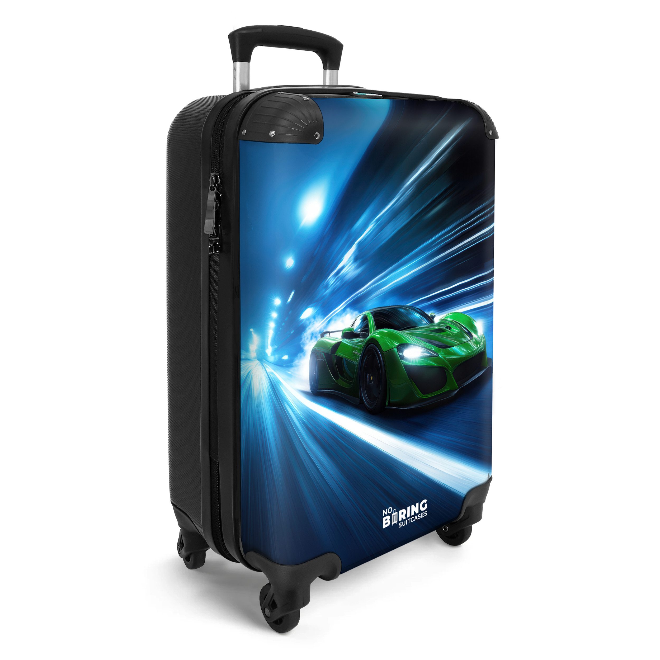 NoBoringSuitcases.com© Kinderkoffer Grünes Superauto blinkt durch Neonlicht 55x35x20cm, Handgepäck Koffer, Hartschalenkoffer Kinder, Reisekoffer Jungen