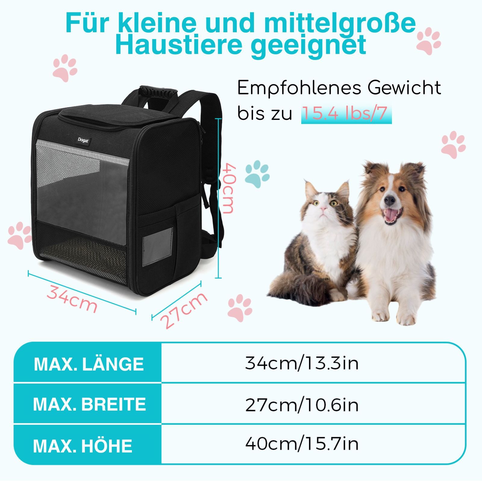 Dogat Tiertransporttasche Tiertransportbox, Katzenrucksack, Hundetasche für Katze & Hund bis 7 kg, BxTxH: 27 x 34 x 40 cm