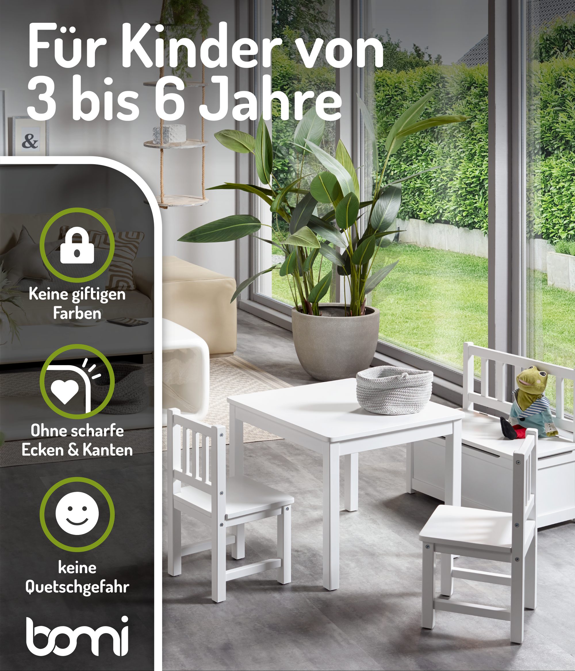 BOMI Kindersitzgruppe Holzsitzgruppe Anna, (Set, 4-tlg., 1x Tisch, 1x Truhenbank & 2x Stühle), Kindertischgruppe aus Holz, als Spiel- & Maltisch