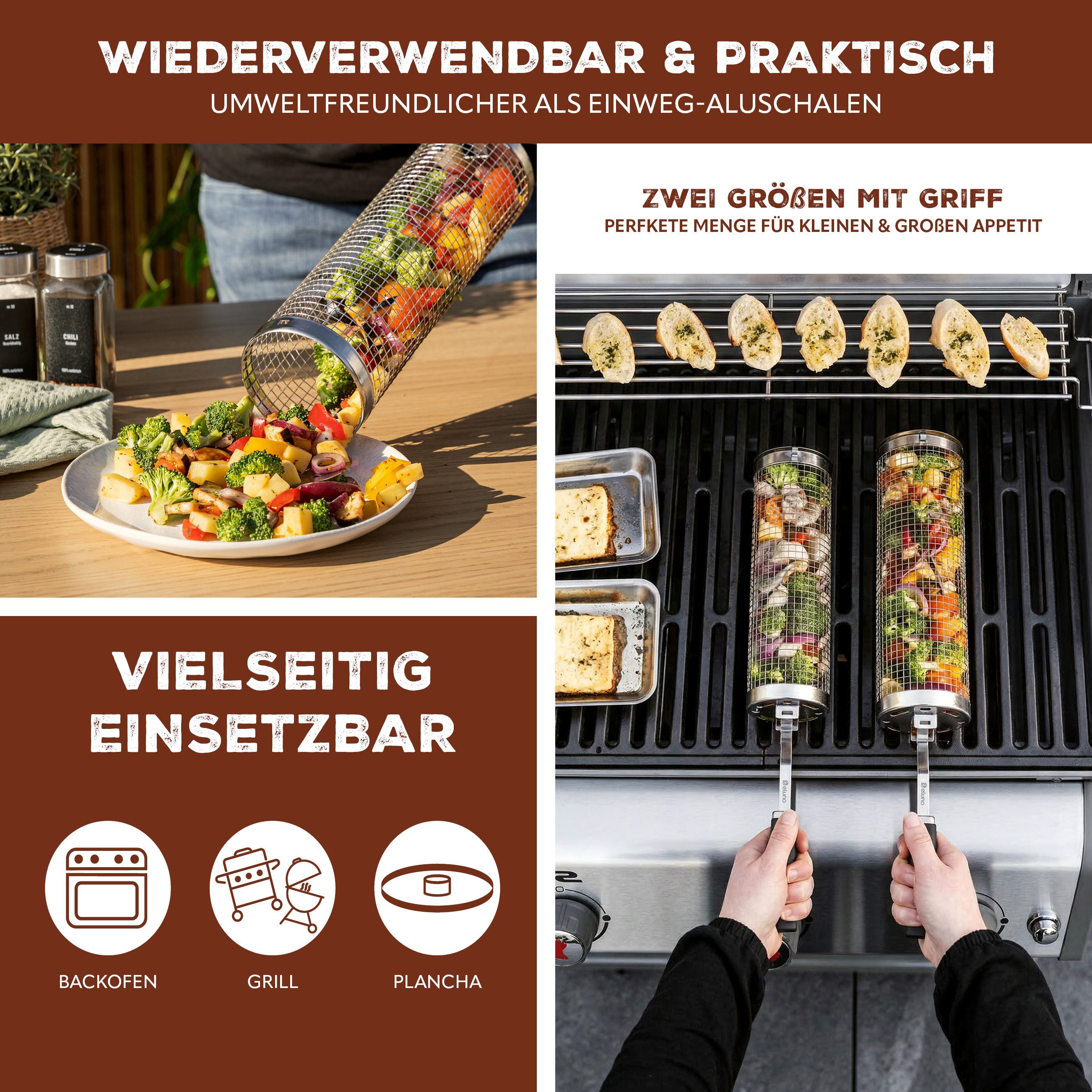 eluno Grillplatte Grillkörbe 2er Set aus Edelstahl (2-St., unterschiedliche Größen), abnehmbare Griffe