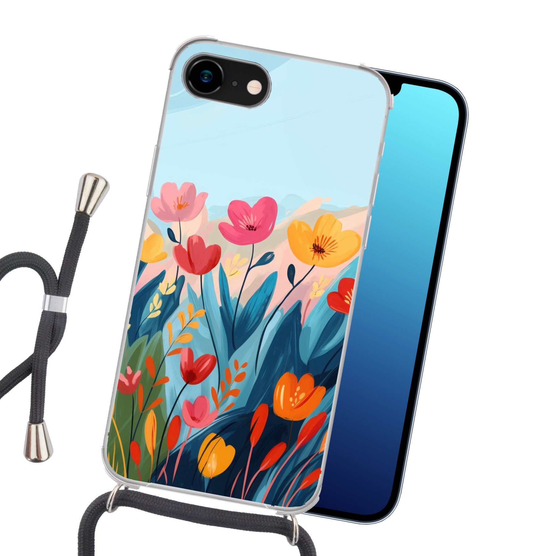MuchoWow Handyhülle für Apple iPhone 8 Illustration - Blumen - Farbenfroh, Tragbare Handyhüllen mit Kette zum umhängen, Handykette Handyband