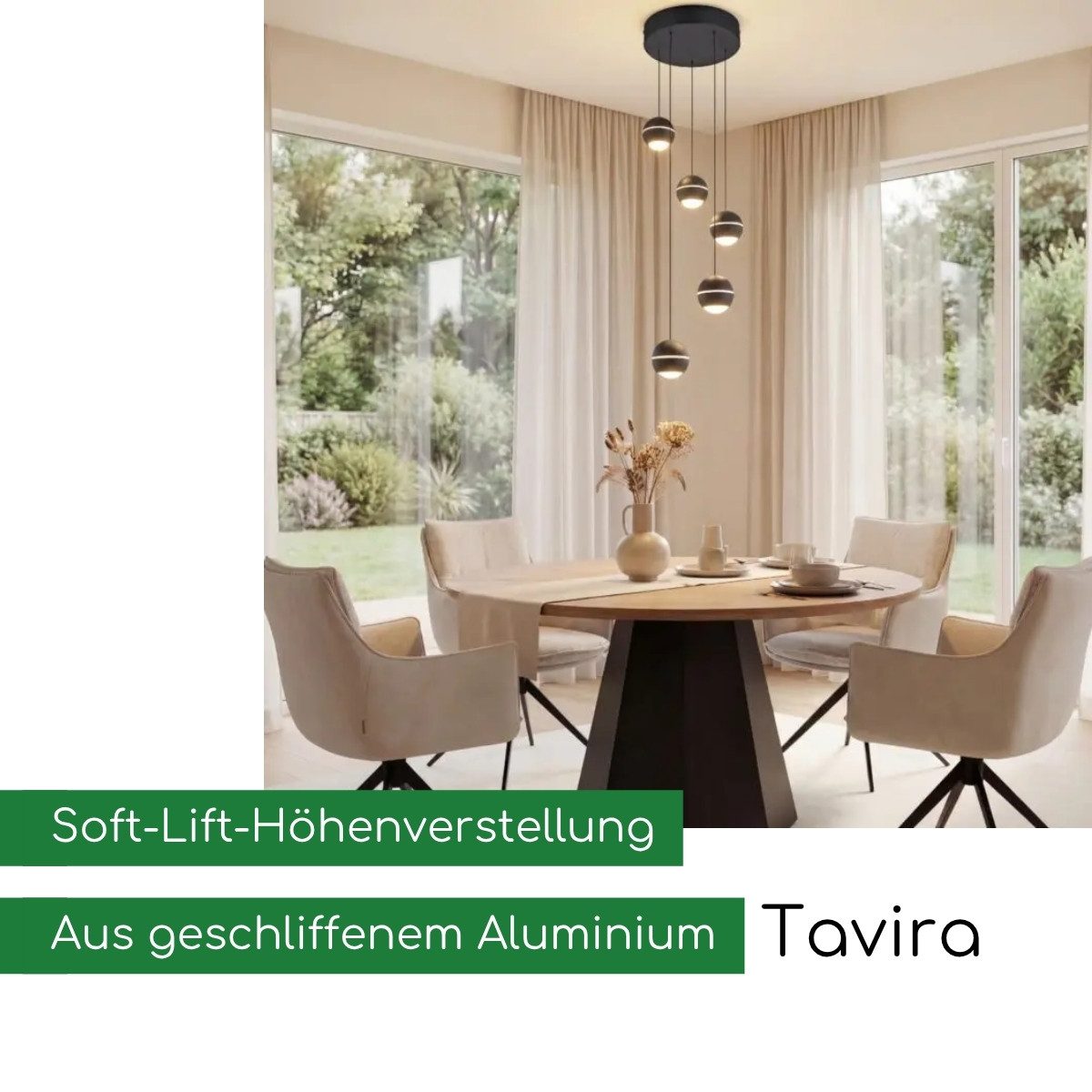 CASA DOMA LED Pendelleuchte Tavira Rondell, 5-flammig, für Esstische, höhenverstellbare Kugeln, dimmbar, LED fest integriert, Warmweiß, aus Metall, Cluster, Soft-Lift, 30 cm Durchmesser