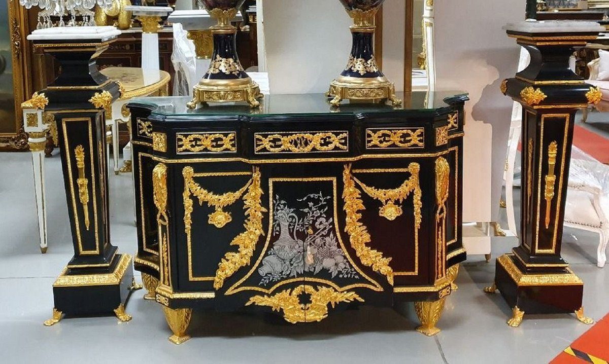 Casa Padrino Kommode Casa Padrino Luxus Barock Möbel Set Schwarz / Gold - 1 Barock Kommode und 2 Barock Säulen - Prunkvolle Barock Möbel