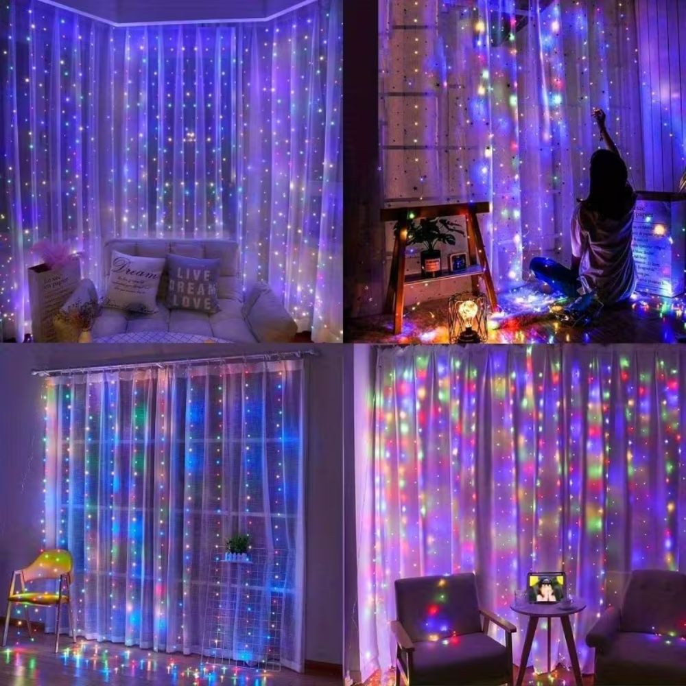 Wrischan Lichterkette Lichtervorhang 3x3m mehrfarbig USB Lichterkette Vorhang Fenster 300LED, 8 Beleuchtungsmodi, Fernbedienung, USB-betrieben, langlebig