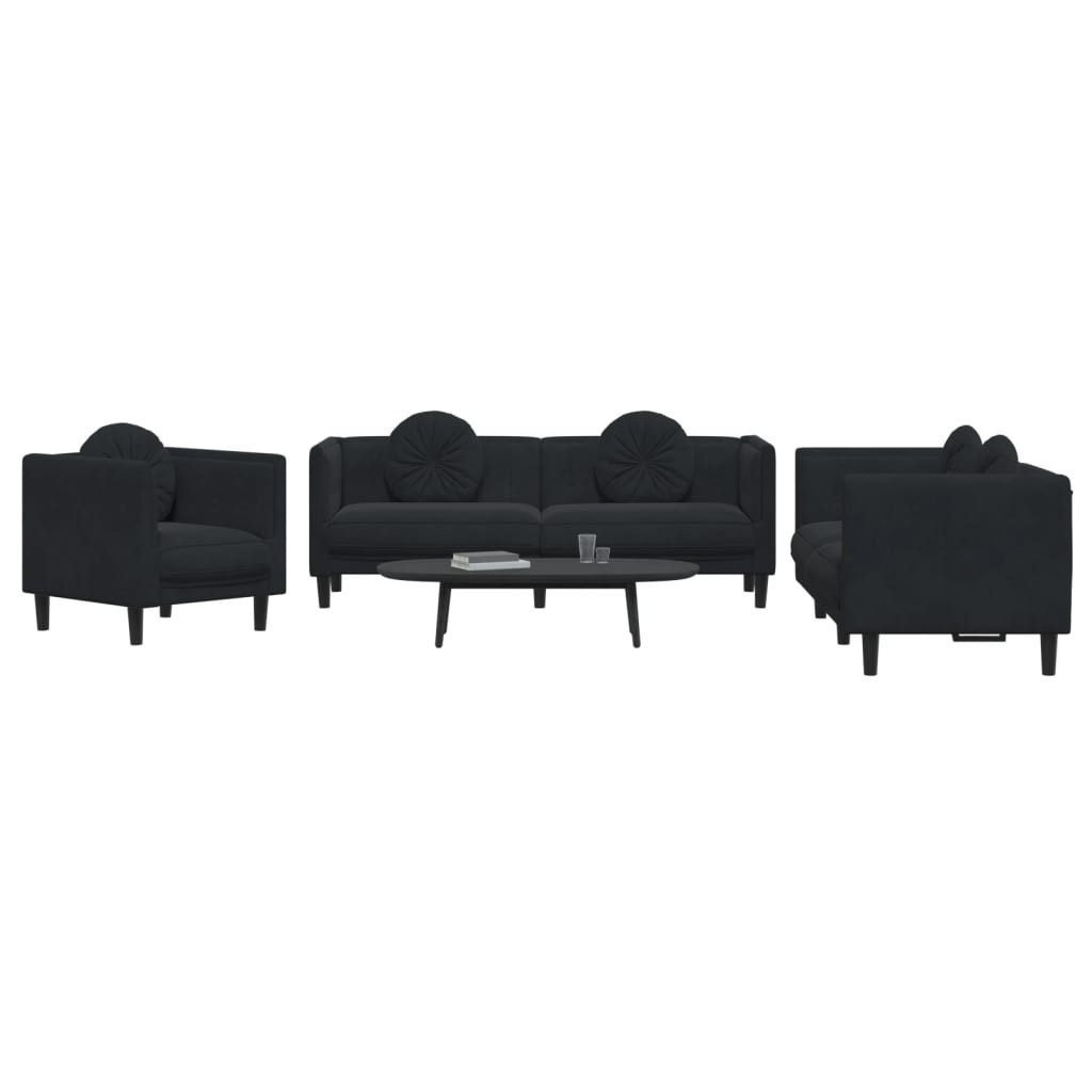 vidaXL Sofa, 3-tlg. Sofagarnitur mit Kissen Schwarz Samt