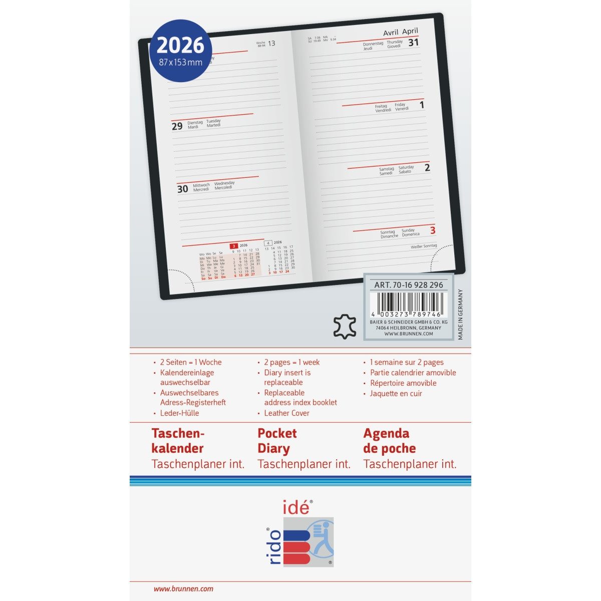 Thumbnail - rido ide Taschenkalender Taschenkalender Modell int. 8,7x15,3cm 1 Woche/2 Seiten Leder weinrot