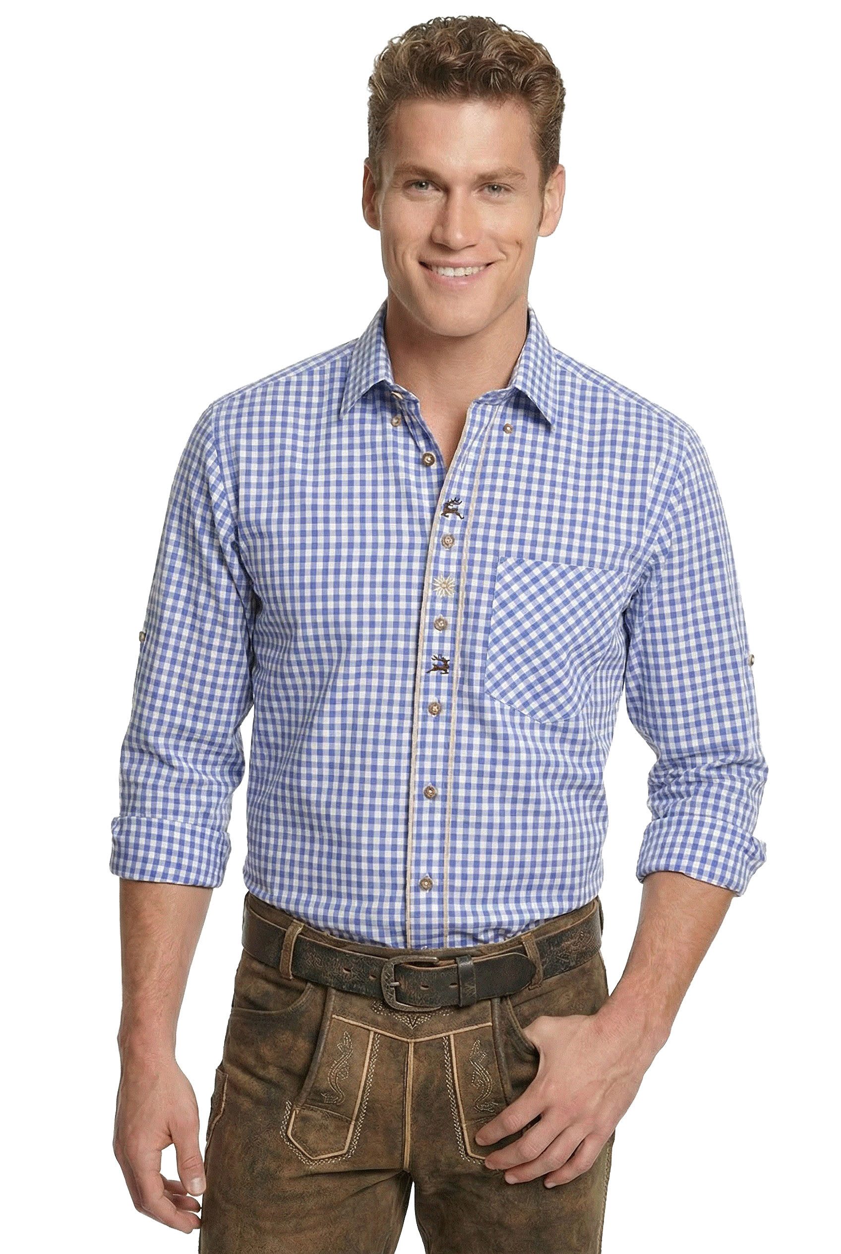 Moschen-Bayern Trachtenhemd Trachtenhemd Herrenhemd Edelweiß kariert Hirsch Langarm Kurzarm Blau