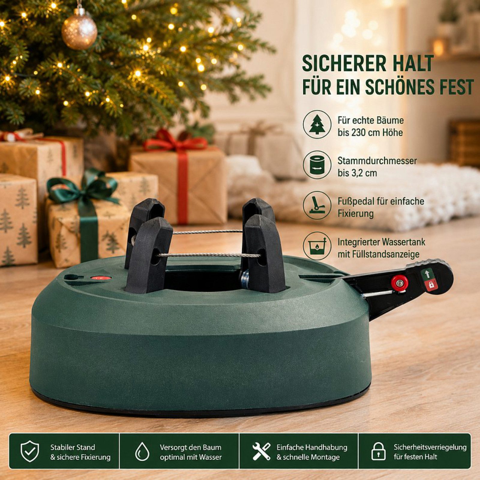 Koopman Christbaumständer Weihnachtsbaumständer Tannenbaumständer 3-13cm (Stück, 1-tlg., Packung), befüllbar, Weihnachten, Pedal-Spannsystem, Stabil, Standsicher