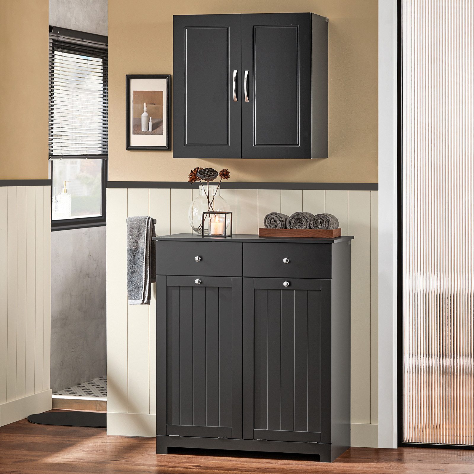 SoBuy Wäscheschrank mit 2 Wäschesäcken Wäschekorb Badschrank BZR33-SCH günstig online kaufen