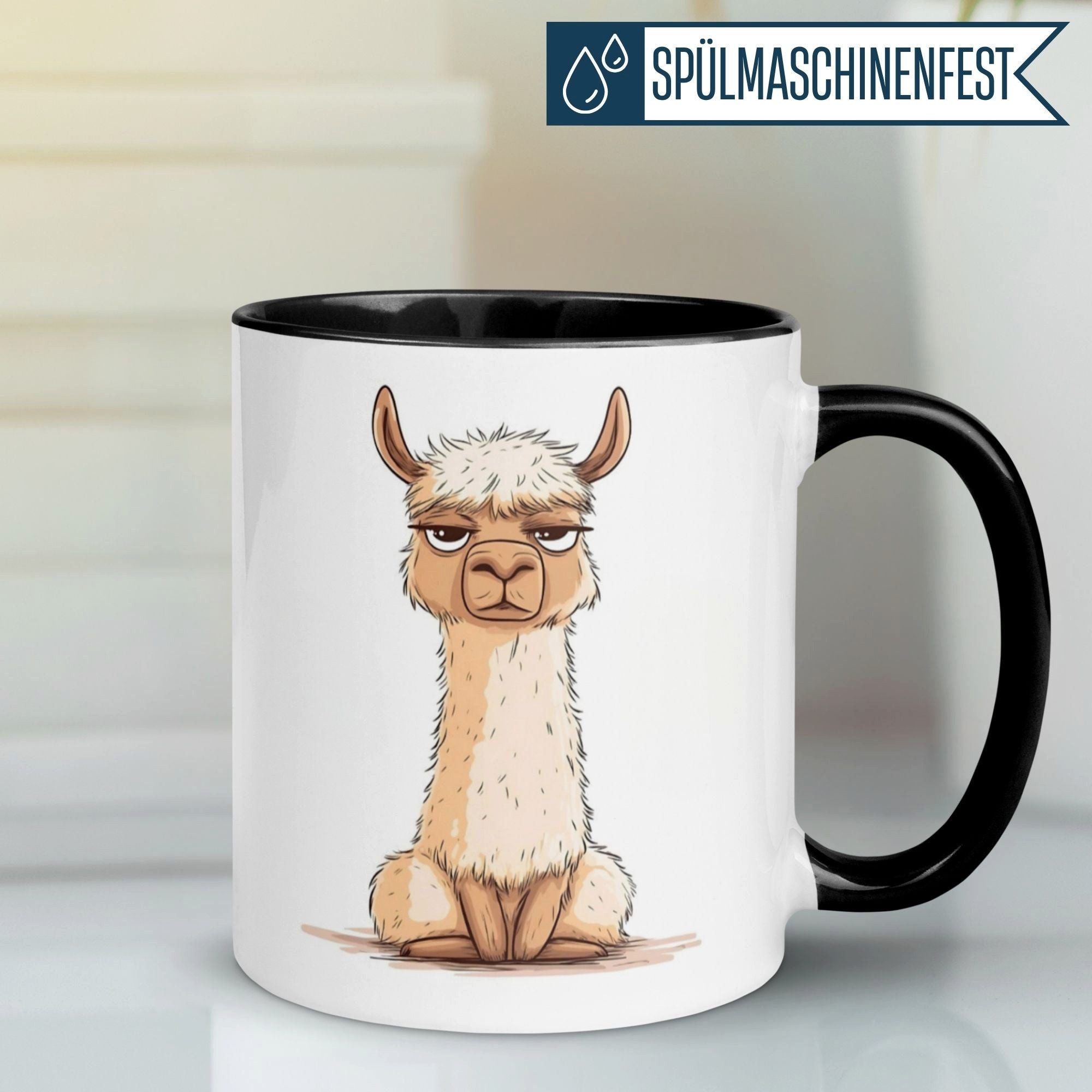 Momentals Tasse Alpaka – „Genervter Blick“ – lustiger Geschenk Becher für Morgenmuffel, Gratis Versand · Links-&Rechtshänder · Spülmaschinenfest