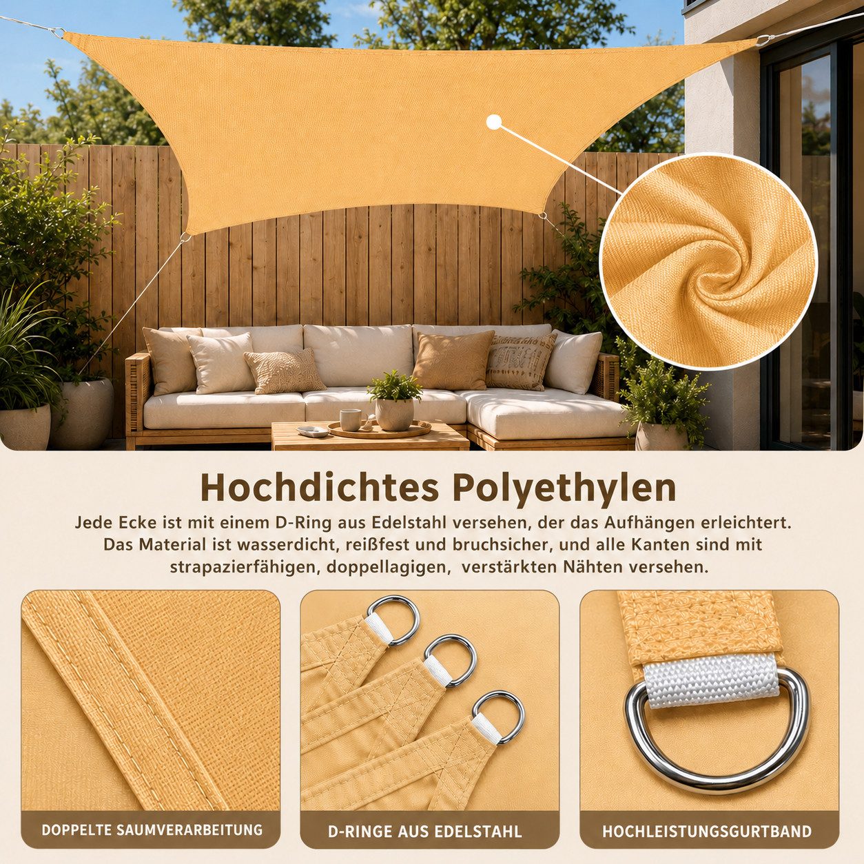 Sunicol Sonnensegel Wasserdicht Sonnenschutz, 95% UV-Schutz, Windschutz HDPE Gewebe, Atmungsaktiv, Robust & Stabil für Außenbereich Garten Balkon Terrasse