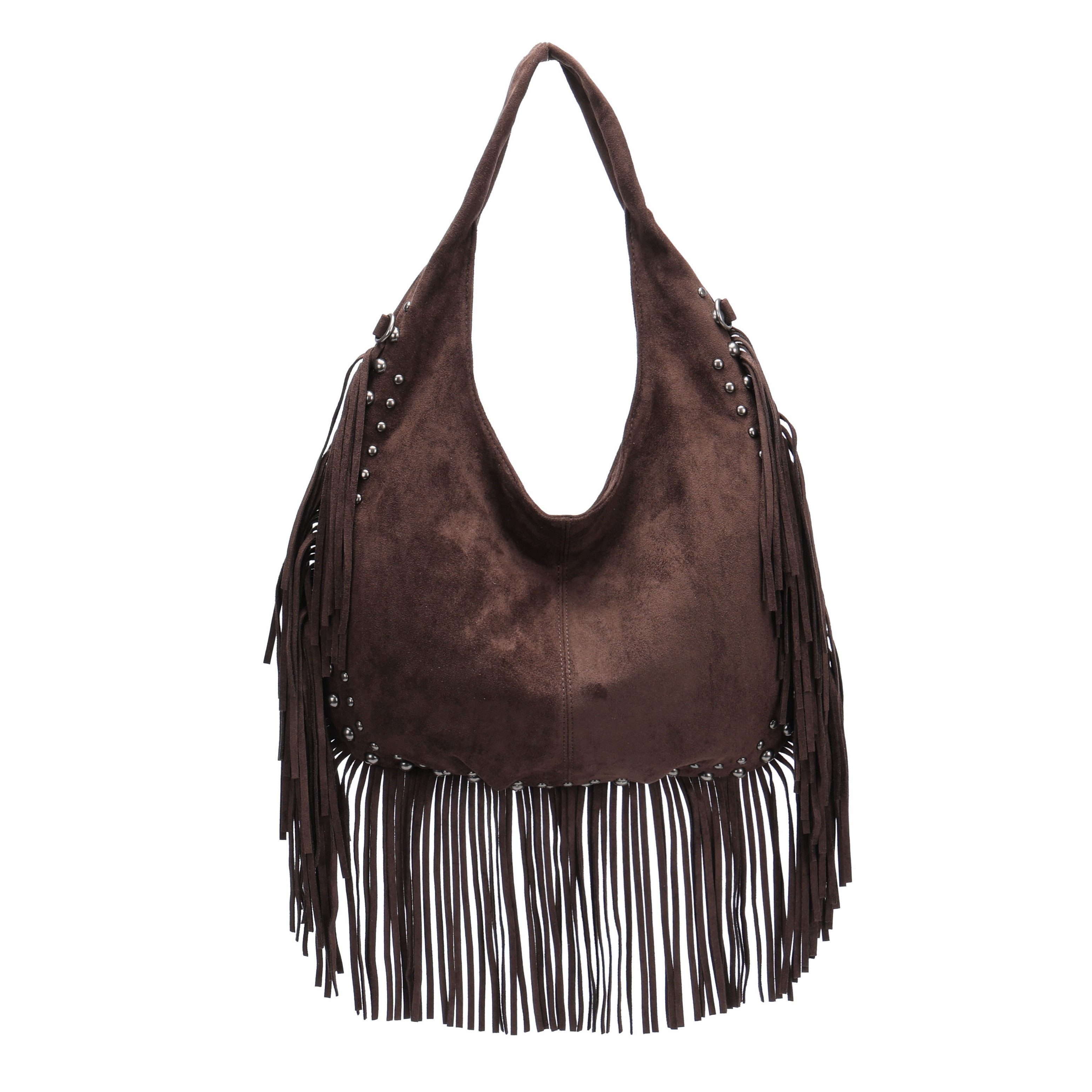 MIRROSI Shopper Damen Fransen Schultertasche Wildleder-Optik aus Polyester (Neue Kollektion Herbst/Winter 2026, ca. 41 x 5 x 37 cm), Boho Tasche mit Fransen, Nieten & langem Riemen
