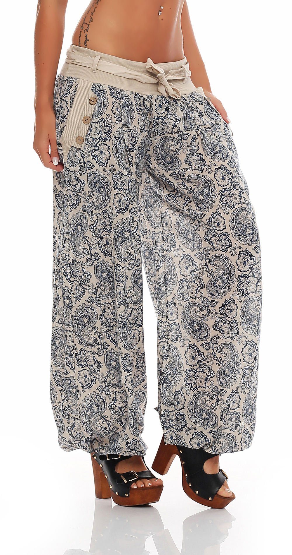 malito more Orient Aladinhose Bund beige Haremshose Print Einheitsgröße im mit than 3488 fashion elastischem