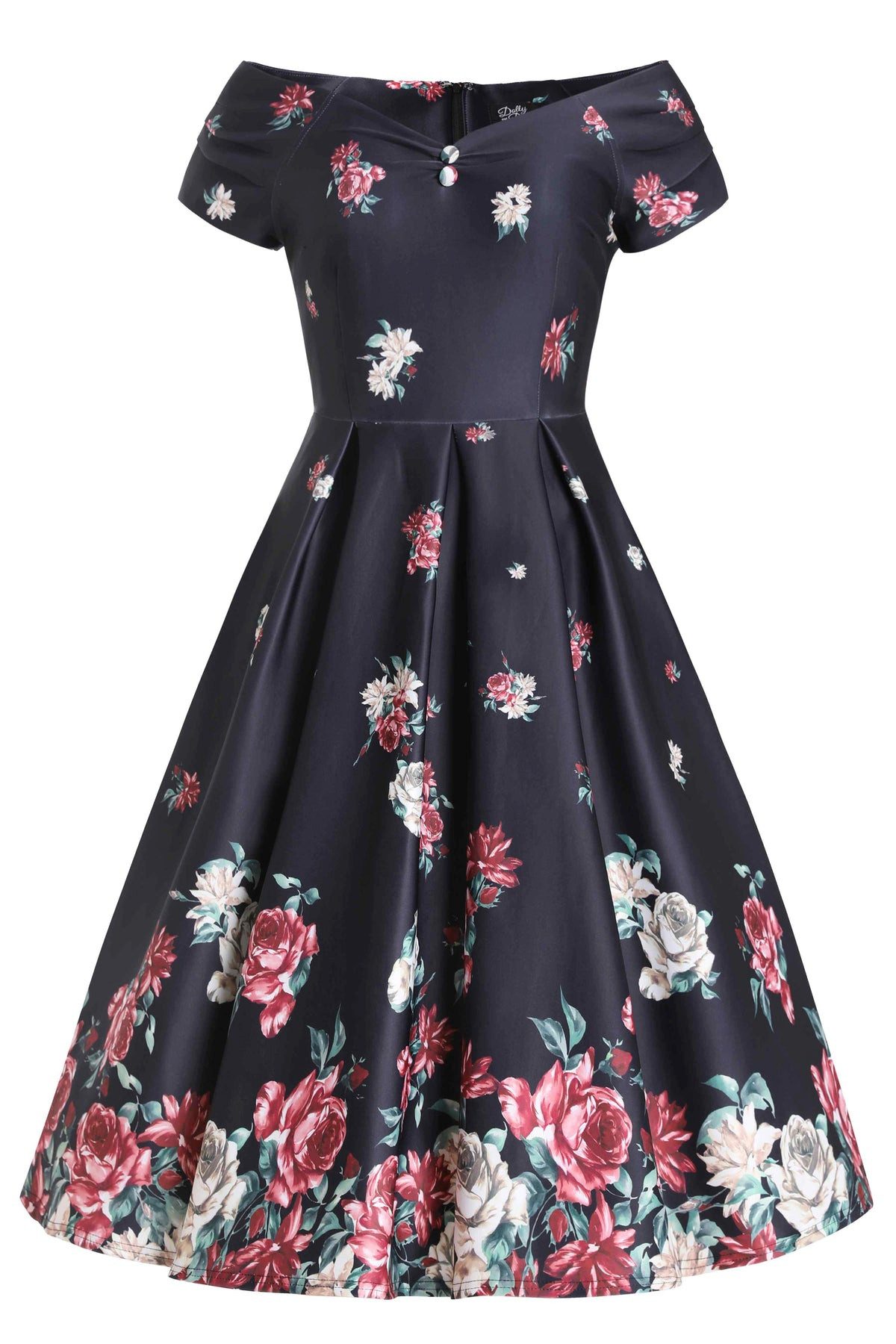 Dolly and Dotty A-Linien-Kleid Lily Black Falling Rose Off-Shoulder Vintage Retro