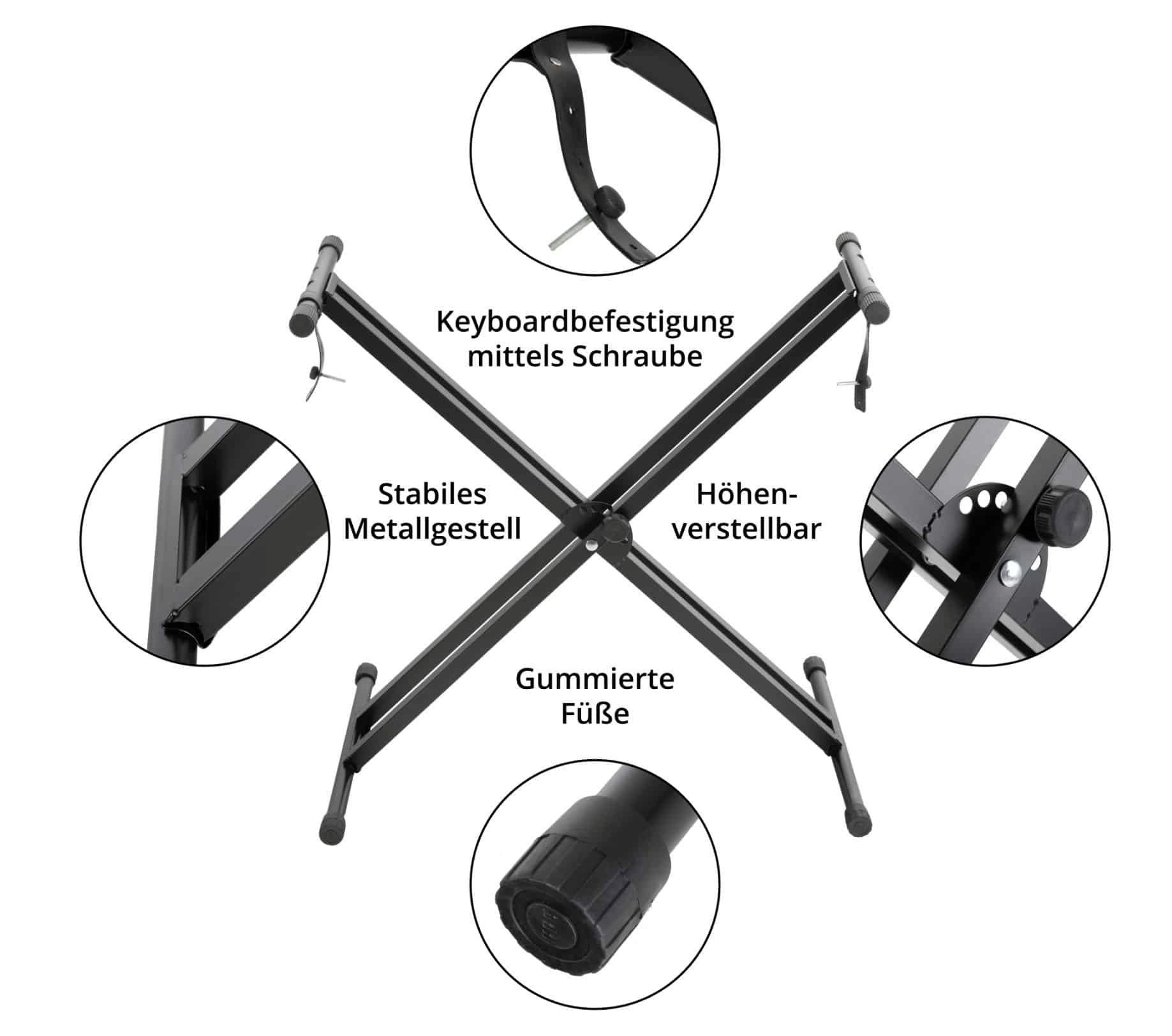 FunKey Keyboardständer Kevboardstativ mit Halteband - Befestigungsriemen - Zusammenklappbar, 7-fach höhenverstellbar von 29 bis 96,5 cm