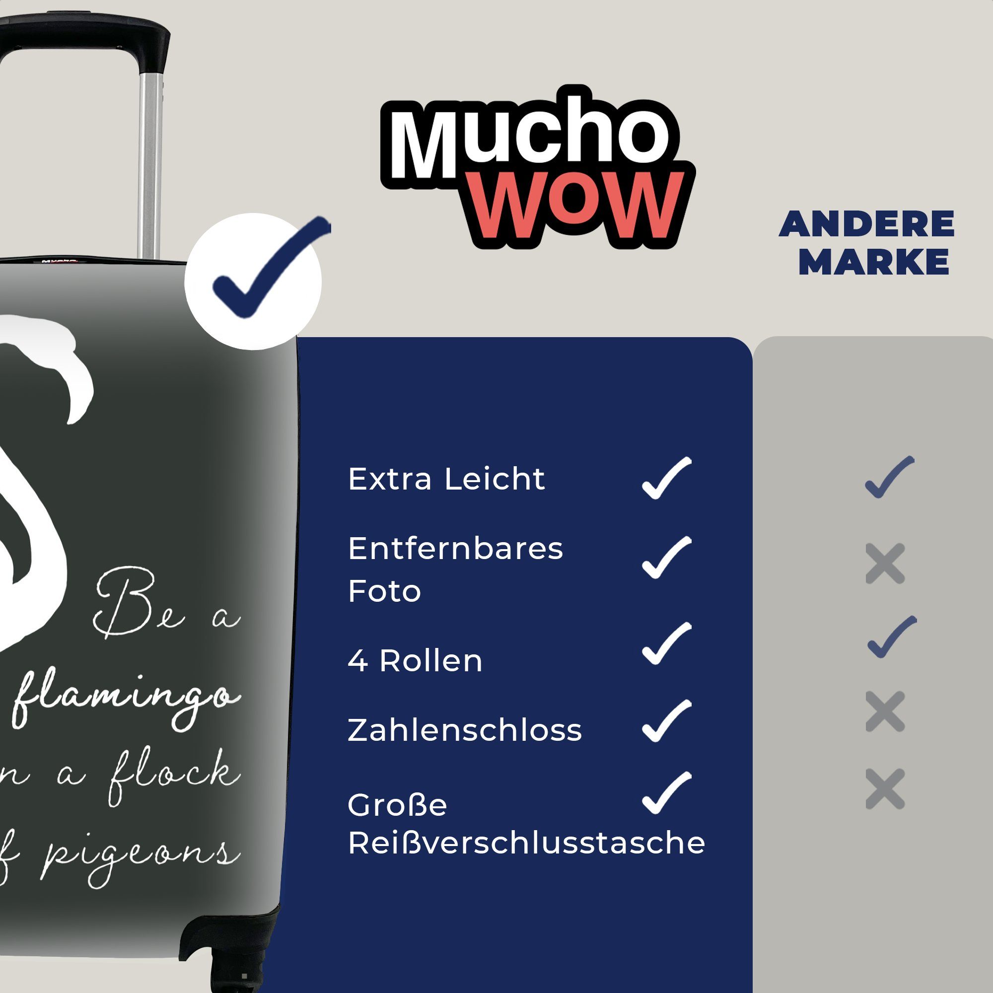 MuchoWow Handgepäckkoffer Zitat Handgepäck Rollen, - - rollen, Reisetasche für Weiß, 4 - mit Flamingo Schwarz Reisekoffer Trolley, Ferien