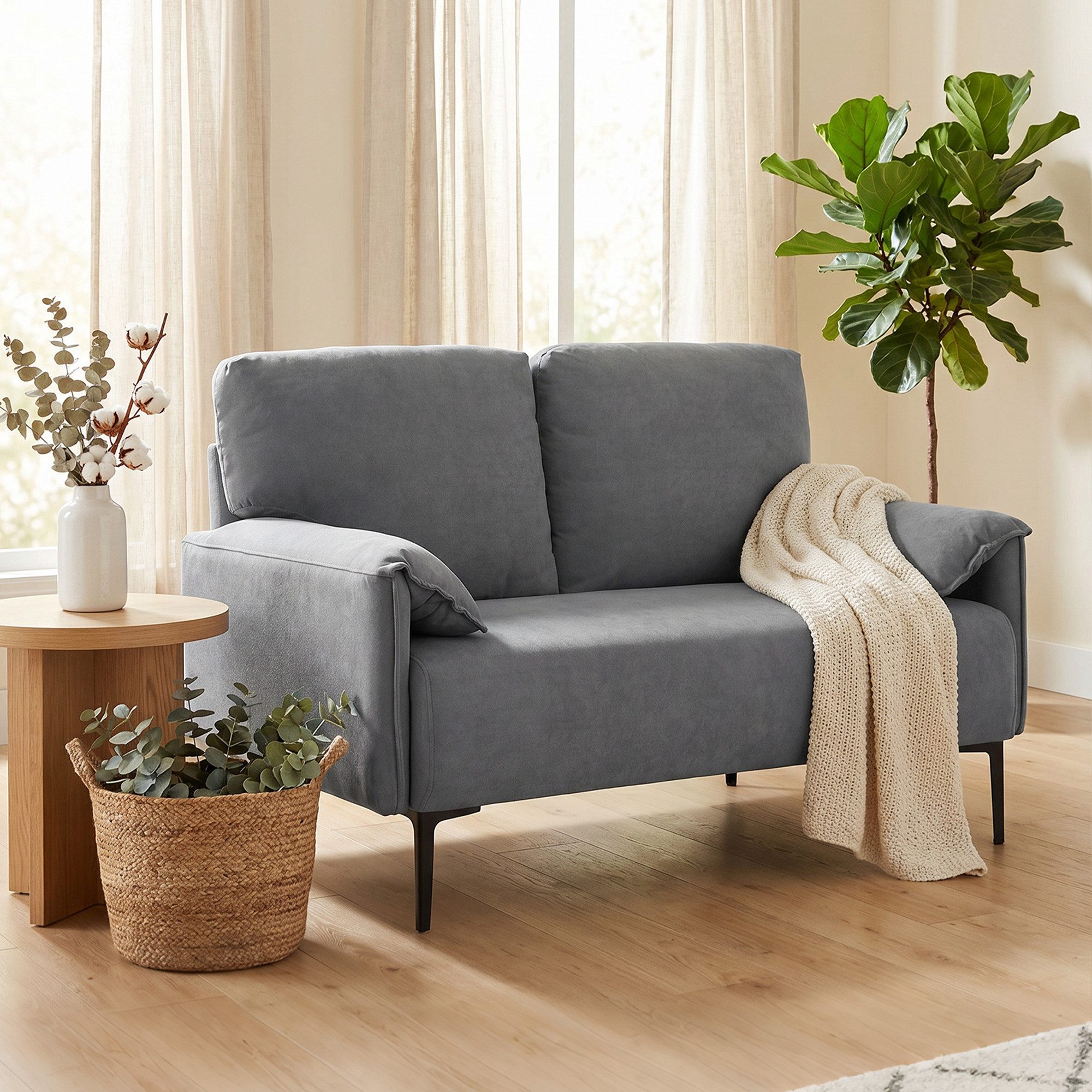 HOMCOM 2-Sitzer Sofa 127 Gepolstert Armlehne, Samtoptik, Loungesofa Kleine Räume, Couch 1 Teile, für Wohnzimmer, Schlafzimmer, Metallrahmen, Grau