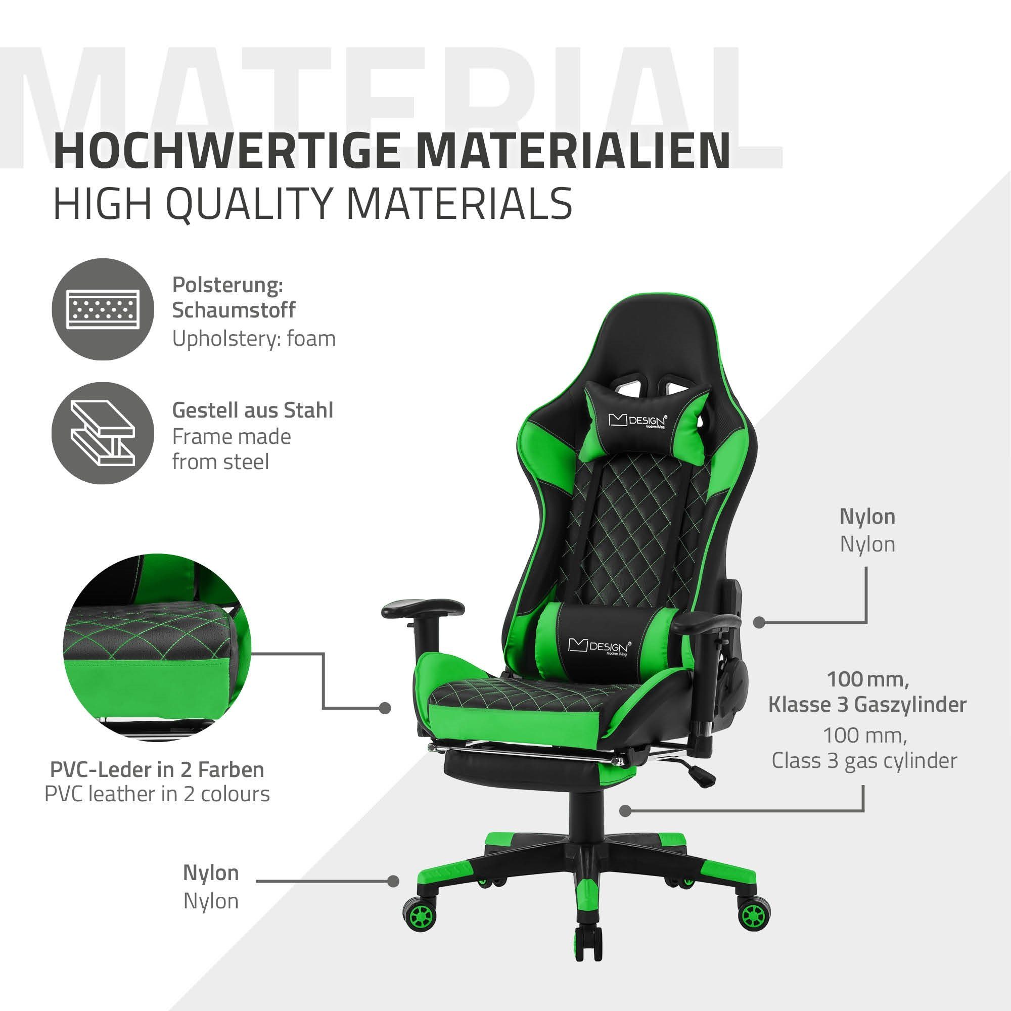 Bürostuhl Gaming-Stuhl Drehstuhl aus ML-DESIGN Armlehne, mit Ergonomischer Gaming Grün Stuhl Kopfstütze, verstellbar mit Schwarz, Kunstleder, Lendenkissen, Fußstütze