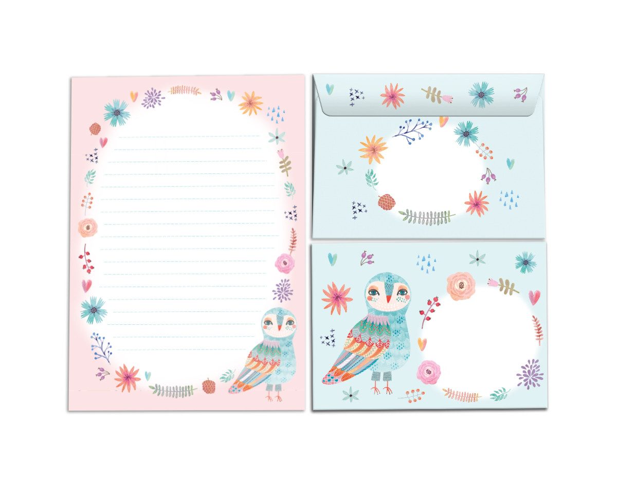 JUNAPACK Briefpapier Set Kinder Briefblock A5 mit Umschlägen Notizblock Papier Eule Tiere, Kinder-Briefpapier A5 mit 15 Umschlägen, liniert & leicht beschreibbar