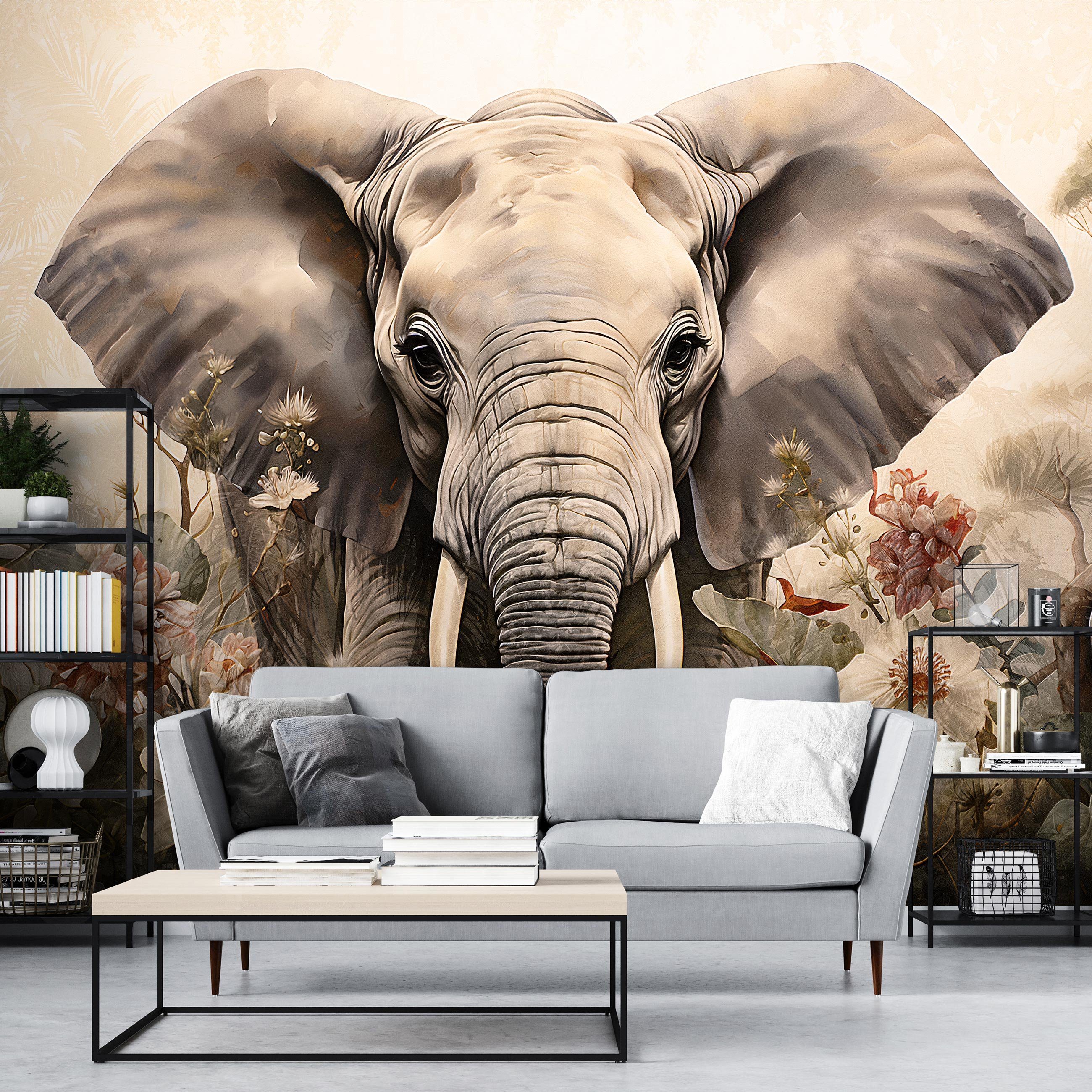 inklusive Blumen Elefant Motivtapete Wohnzimmer Tapete Vlies Tapete Sepia Schlafzimmer Dschungel, Struktur Vlies Fototapete Kleister Vinyl, Tiere, Glatt Vliestapete Wallarena Wandtapete,