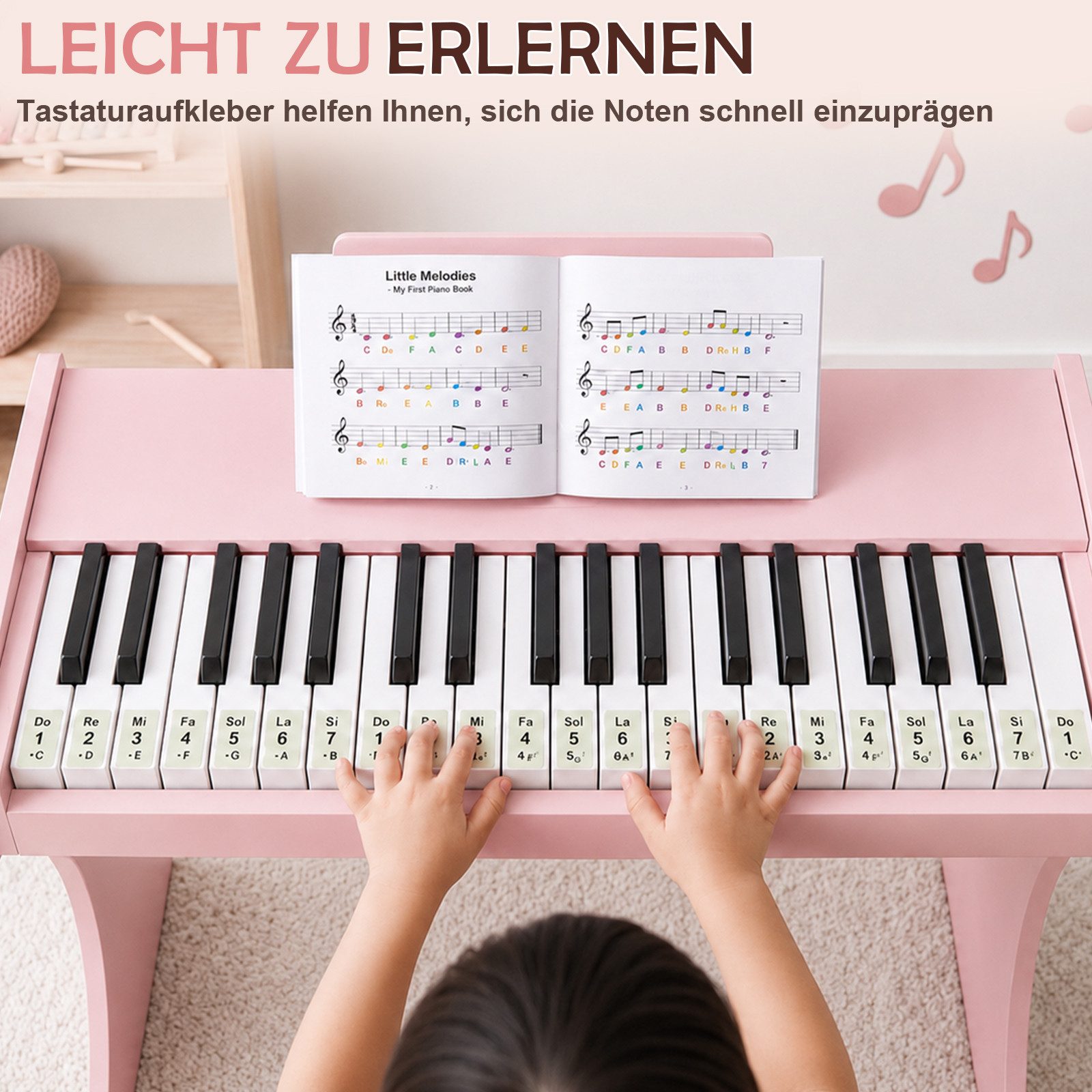 LALAHO Digitalpiano Kinder E-Piano 37 Tasten Kinder Klavier Komplett Set, Kinder-Keyboard,Kinderklavier aus Holz für ab 3 Jahren – Bild 4 von 5