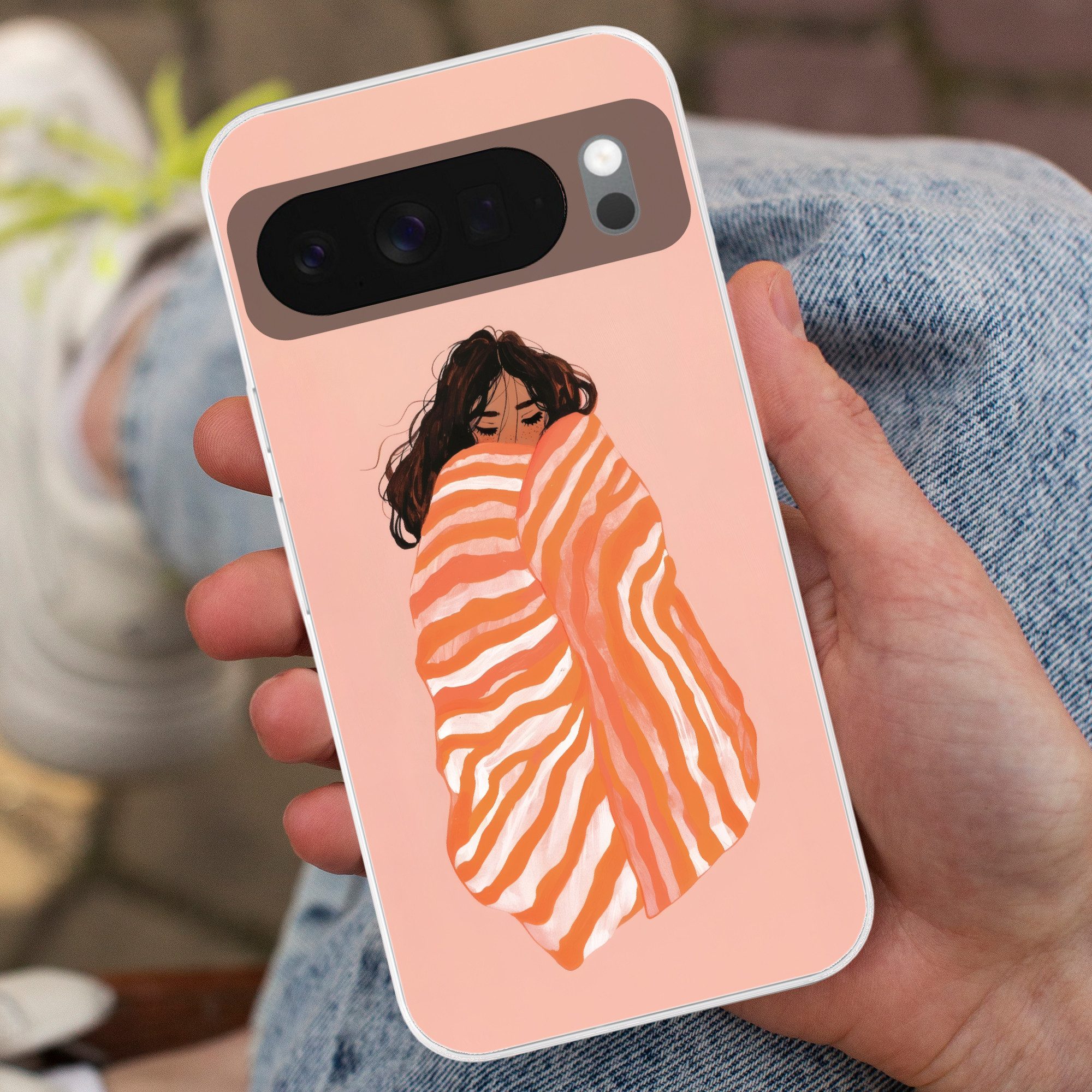 MuchoWow Handyhülle für Google Pixel 10 Mädchen - Decke - Gestreift - Orange, Phone Case, Silikon, Schutzhülle Dünn
