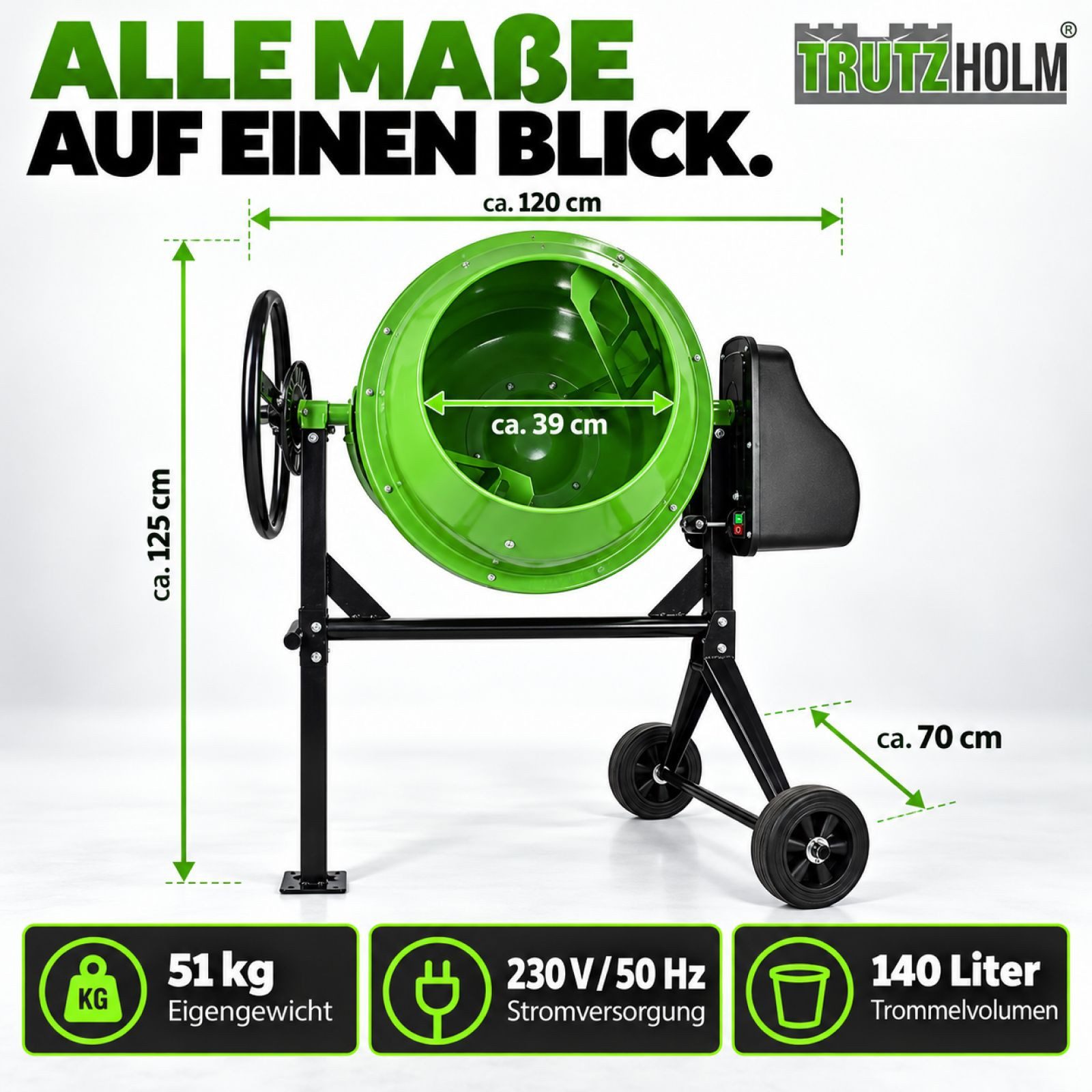 TRUTZHOLM Betonmischer 140 Liter 550 W 30 U/Min Zementmischer für Beton, Mörtel, Gips, (Artikel, 1 St), stabil – Bild 3 von 5