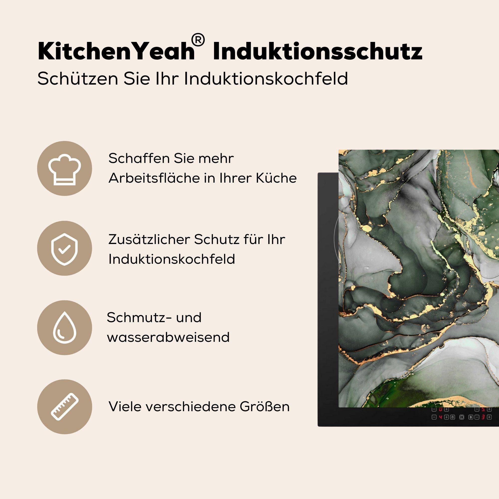 Luxus für Marmor - Herdblende-/Abdeckplatte Vinyl, 81x52 Ceranfeldabdeckung cm, MuchoWow Induktionskochfeld (1 küche, Grün, tlg), Schutz - die