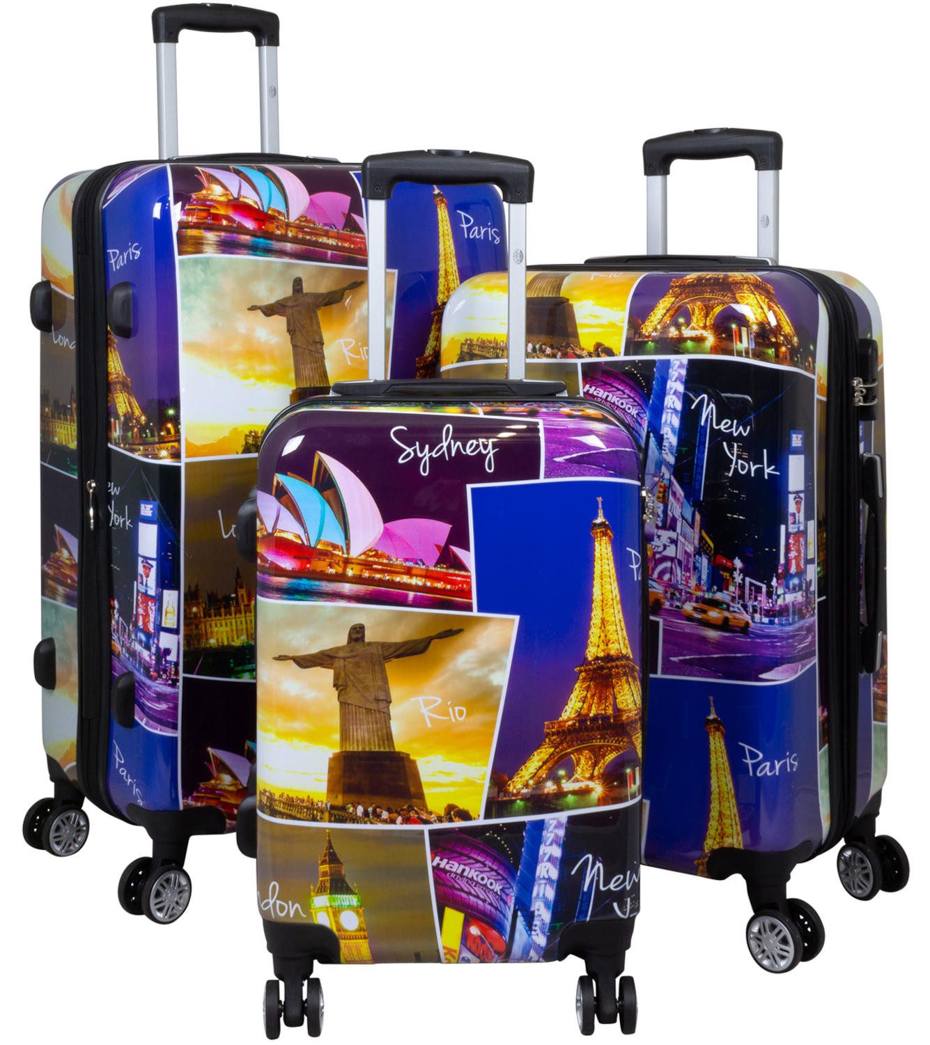 Warenhandel König Trolleyset Five Cities, 4 Rollen, (Gr. M, L und XL, 3 tlg., Hartschalen Trolley Set), mit Motiv, Dehnfalte zur Vergrößerung des Packvolumens