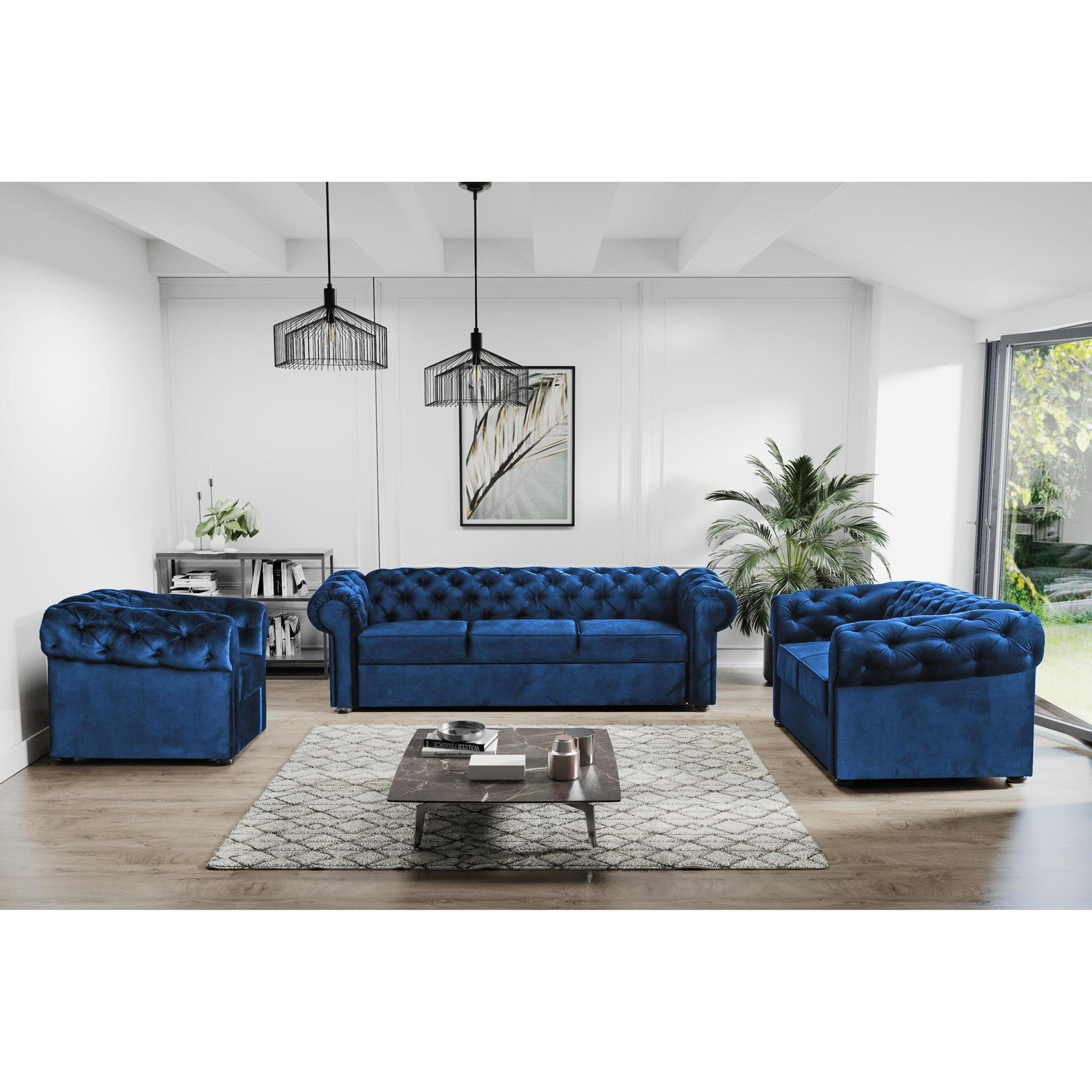 Sofa 3-Sitzer Marineblau Polstergarnitur (Sessel inkl. + Stil Chesterfield Sofa (kronos + Wellenunterfederung im Beautysofa Steppung), 2-Sitzer mit Chester, 09) Couchgarnitur