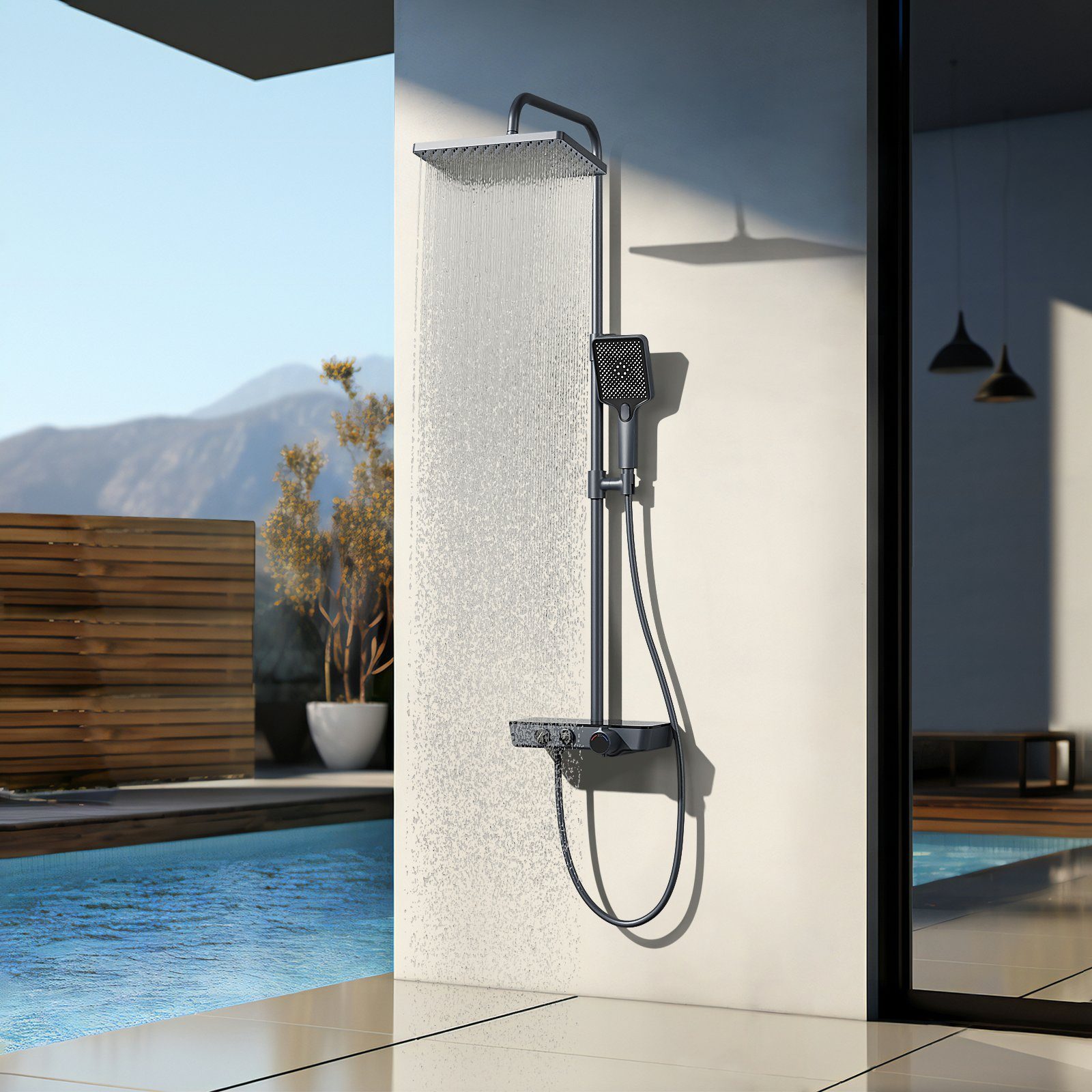 EMKE Duschsystem EMKE Duschsystem eckig mit Regendusche, Kopfbrause und Thermostat, Höhe 82 cm, 3 Strahlart(en), Wasserfall-Auslauf, Duschsäuleset Duschgarnitur mit glasablage