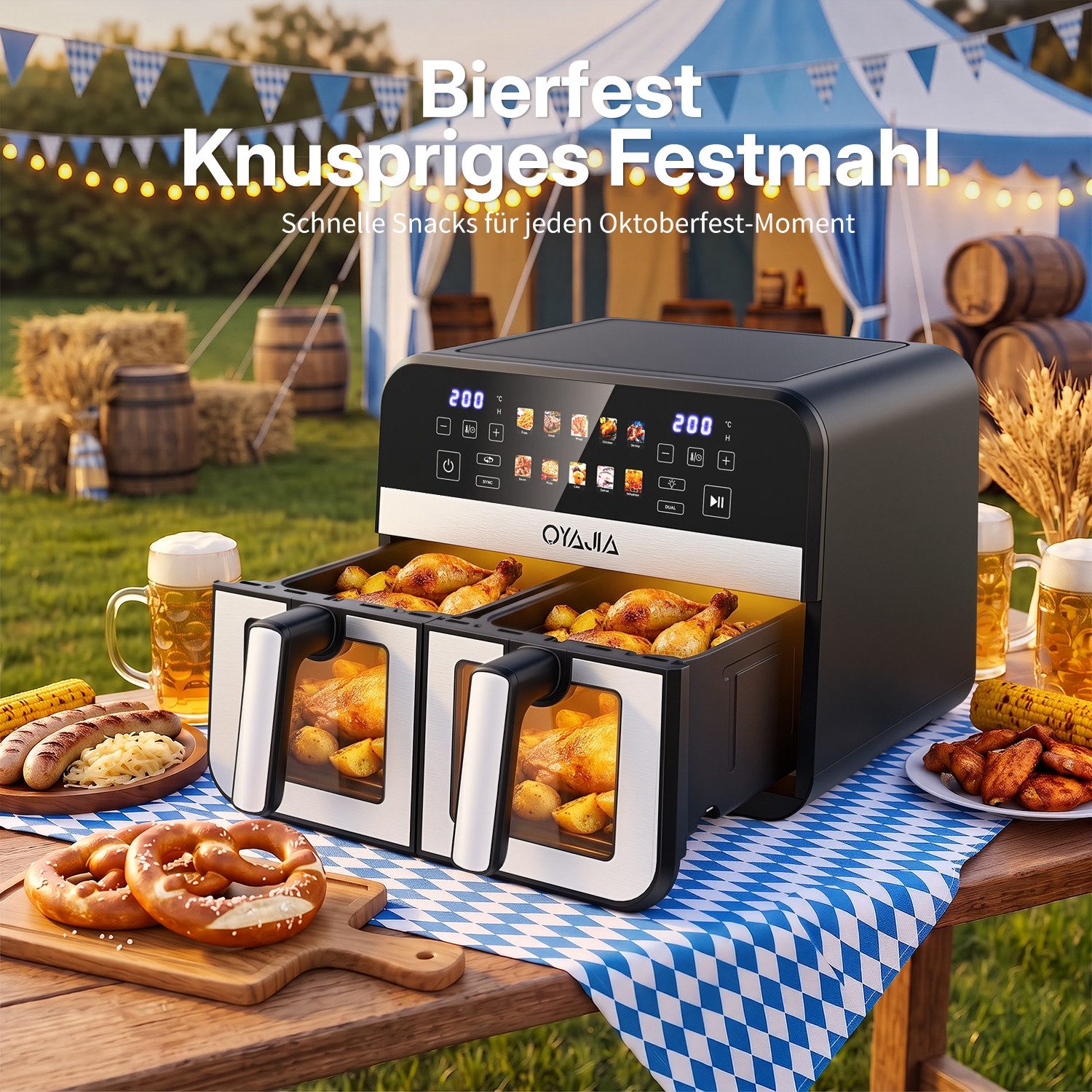 oyajia Heißluftfritteuse 9L Heißluftfritteuse RA930DSV XXL, 2 separat gesteuerte Garkammern, 2800,00 W, Touch Display, Sichtfenster, 8 Automatikprogramme/je 4,5 – Bild 2 von 5