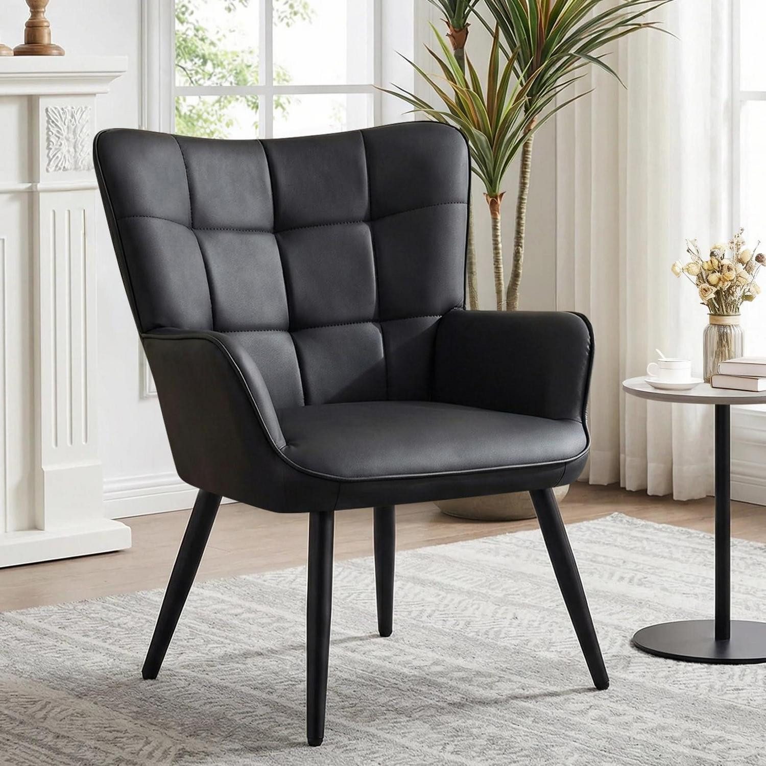 LuxusKollektion Ohrensessel Ohrensessel PU Kunstleder Skandinavisch Wohnzimmer Schwarzpu 1 Stück