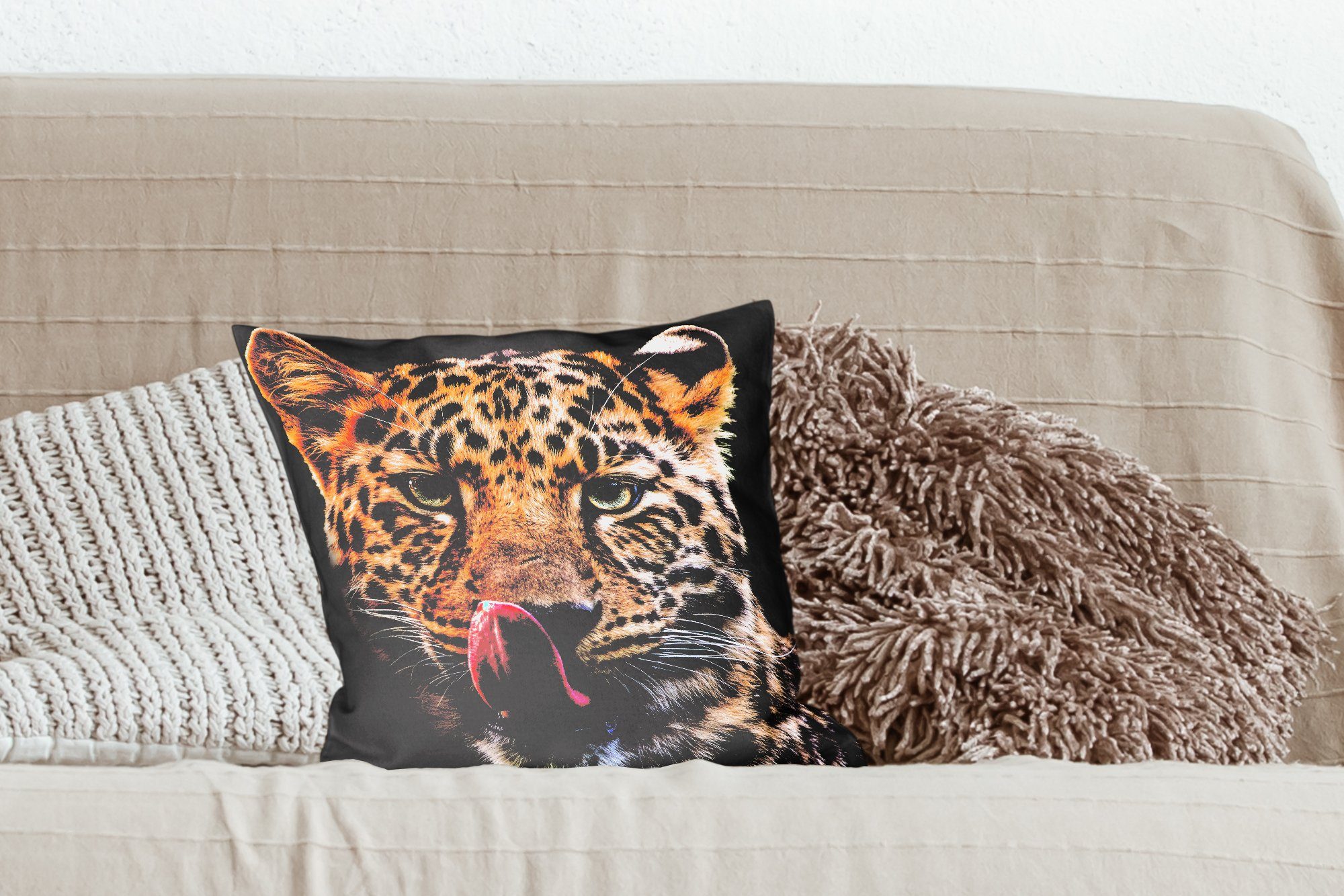 Dekokissen Sofakissen mit Wohzimmer, - Schwarz Leopard Deko, MuchoWow Schlafzimmer, Füllung für - Zierkissen Nahaufnahme,