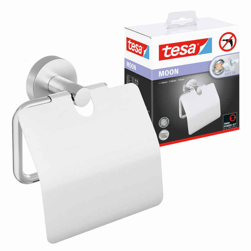 tesa Toilettenpapierhalter 1 x MOON WC-Papierrollenhalter mit Deckel (Komplett-Set, 2-St., inkl. Klebelösung), Edelstahl - silber matt - 5,3 cm : 14 cm : 12,8 cm