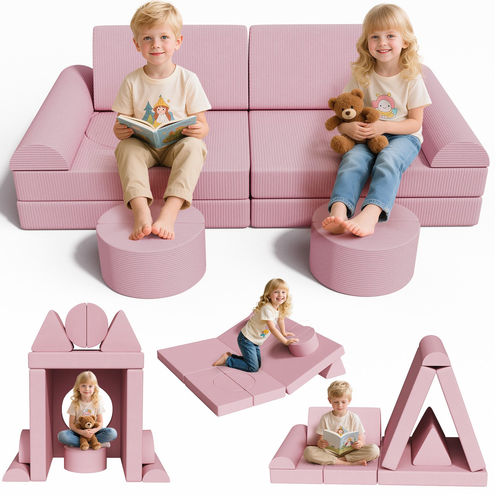 TLGREEN Kindersofa 15-teiliges modulares Kinderspielsofa aus Schaumstoff, abnehmbarer waschbarer Bezug, kinderfreundlich ohne scharfe Kanten, kreative Kuschelecke für Kinderzimmer & Kindergarten