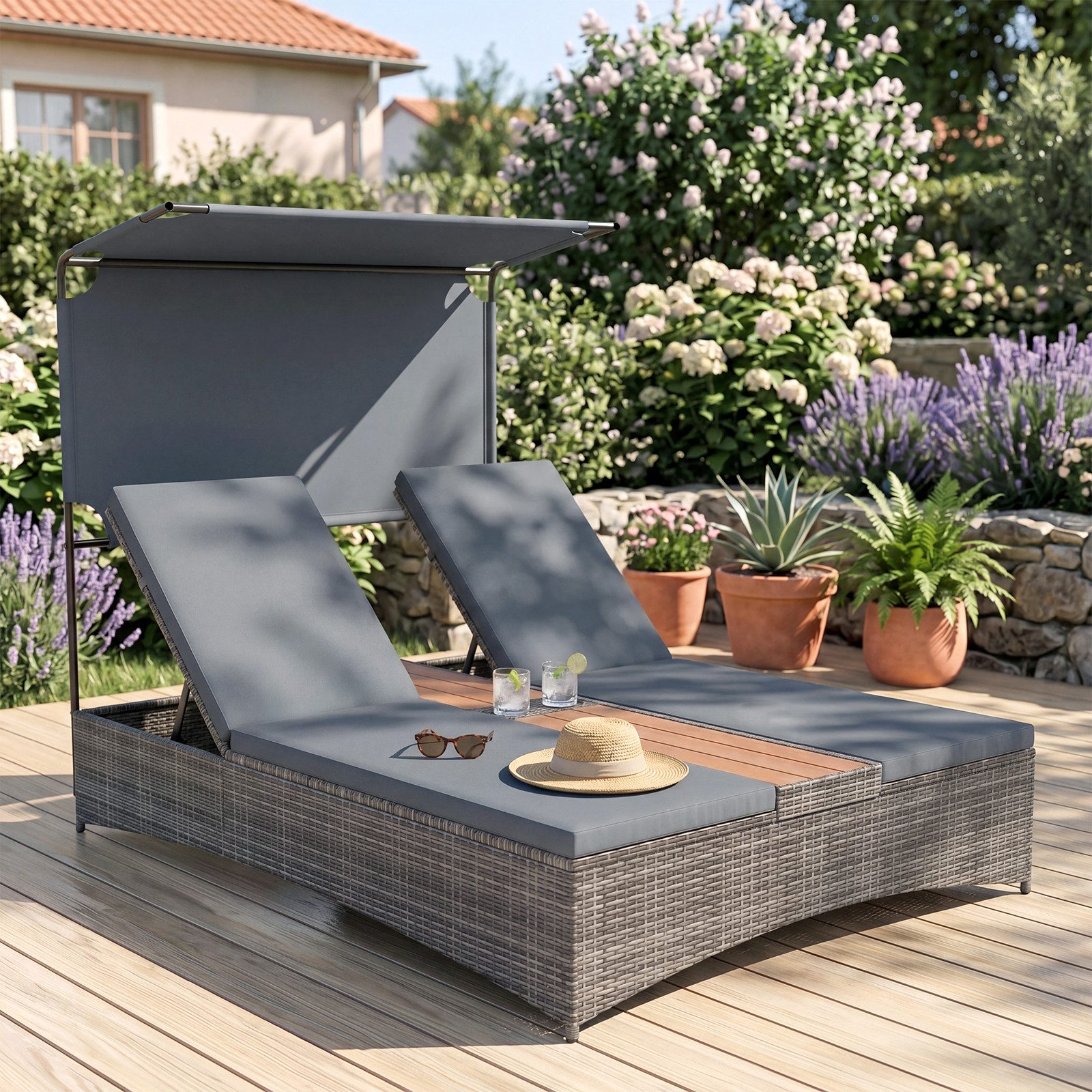 COSTWAY Loungebett, Sonnenliege 2 Personen mit Auflagen, 5-fach verstellbarer