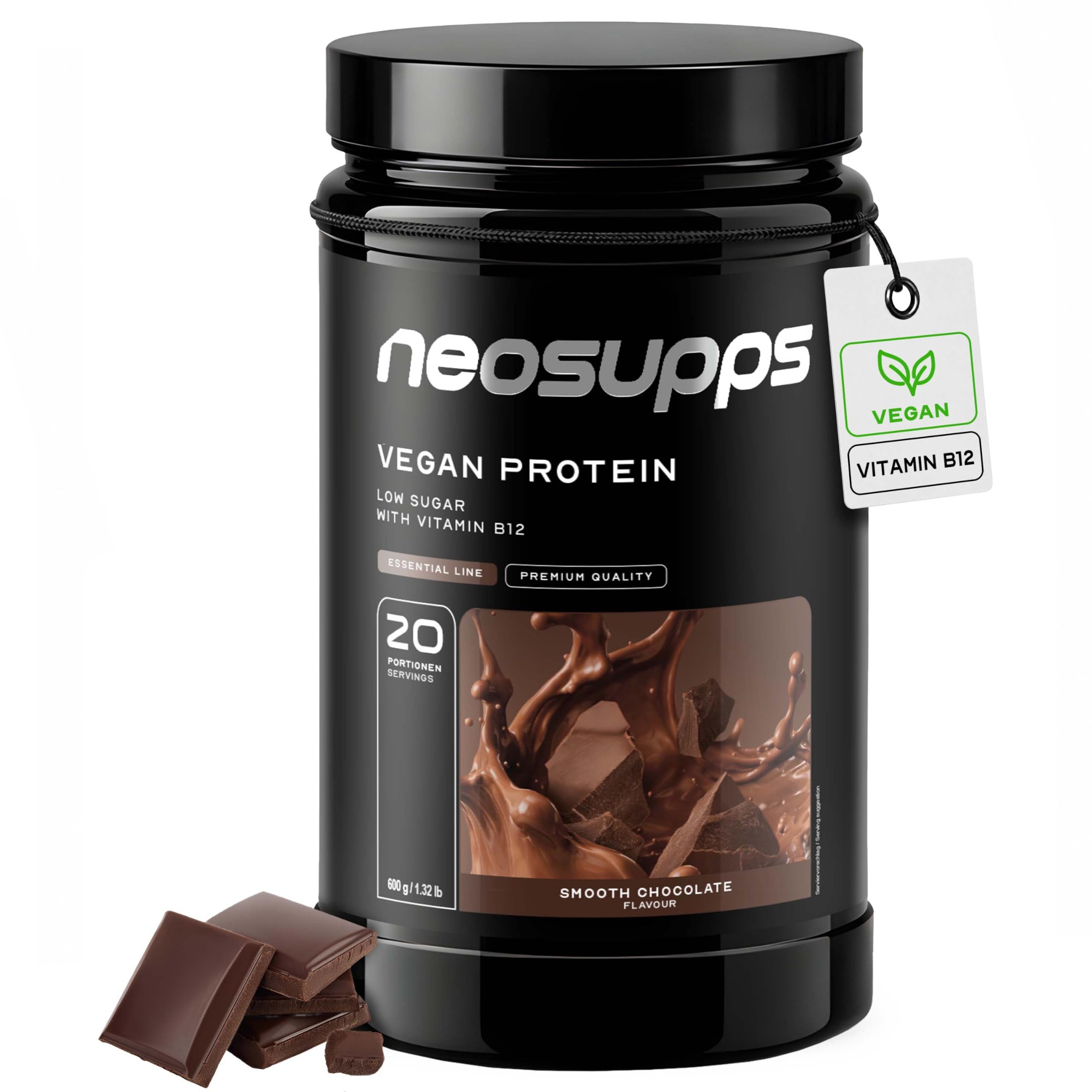 Neosupps Vegan Protein Pulver Smooth Choco 600g, mit Vitamin B12 & zuckerarm Pulver, 600 g, Veganes Proteinpulver aus Erbsen-, Reis- & Kürbiskernprotein