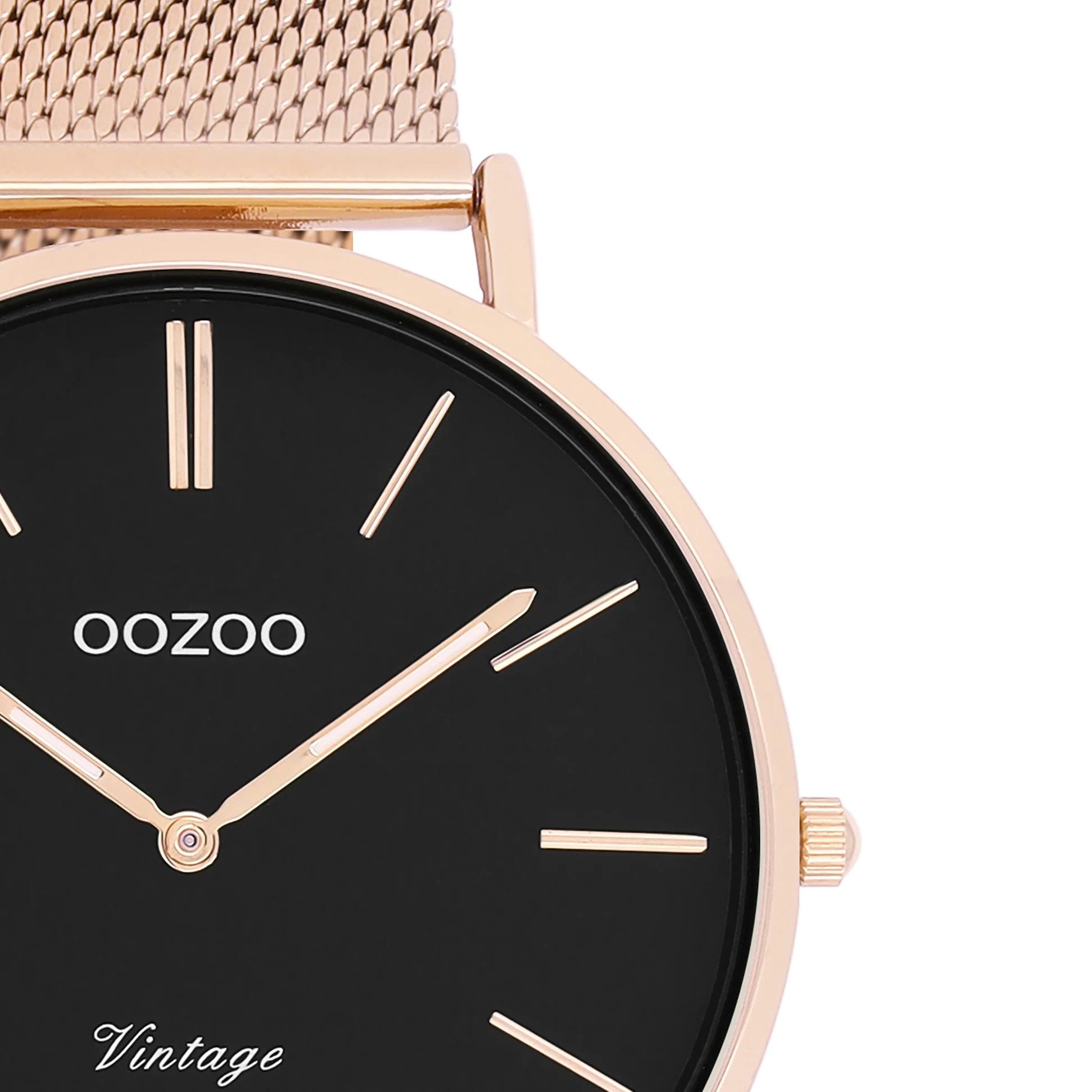 OOZOO Quarzuhr Vintage Armbanduhr C9925 – Rosé/Schwarz, 40 mm Gehäuse, C9925, elegantes Milanaiseband - Minimalistische Damenuhr mit IP-Beschichtung