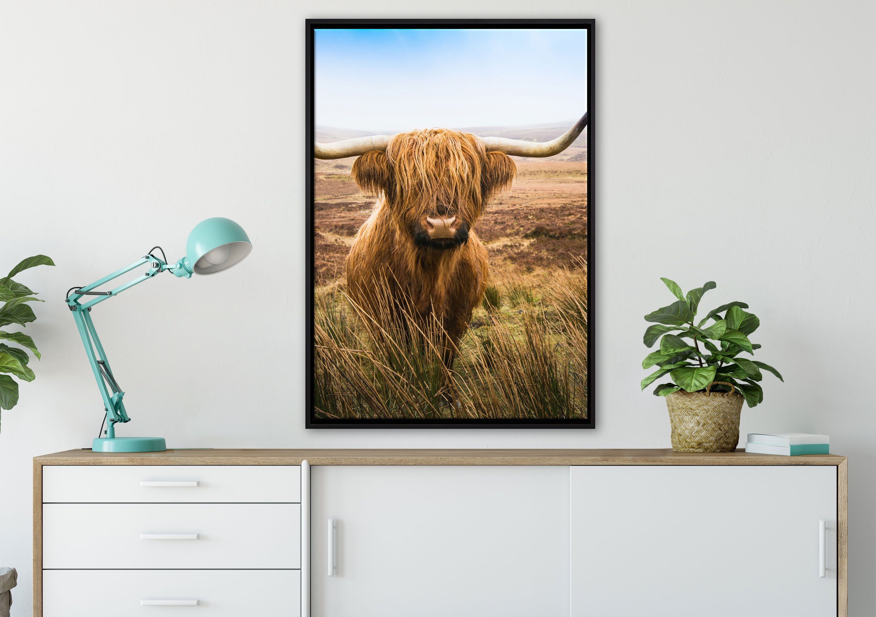 inkl. Wanddekoration Steppe, St), mit Pixxprint Zackenaufhänger einem (1 Schattenfugen-Bilderrahmen Highland Hörnern in bespannt, Leinwandbild Leinwandbild Rind großen gefasst, fertig