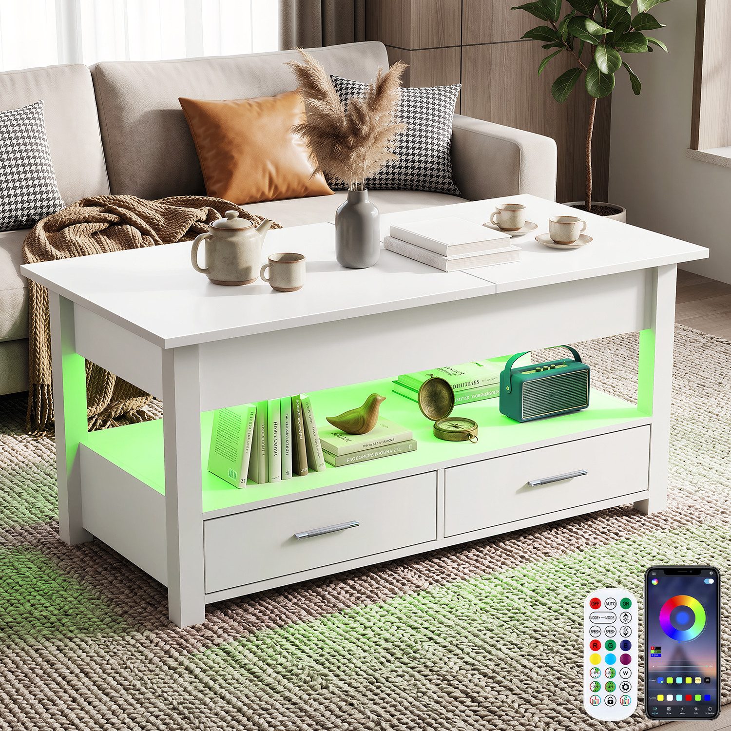 oyajia Couchtisch Wohnzimmertisch mit LED Beleuchtung & Fernsteuerung Beistelltisch (Bluetooth-Fernbedienung,App-Steuerung,100 x 50 x 46cm,mit 2 Schubladen,Farb – Bild 5 von 5