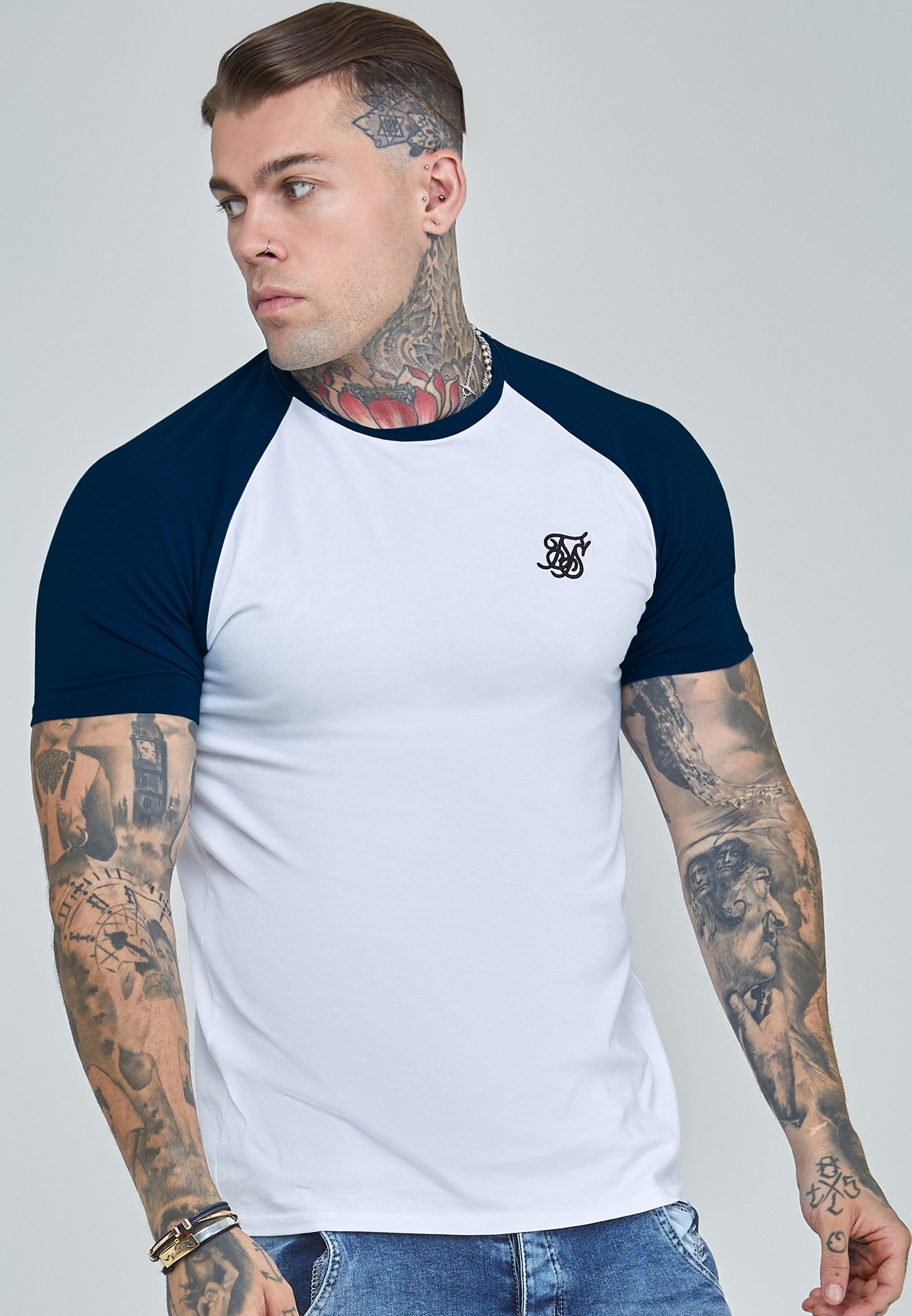 Siksilk T-Shirt SikSilk Herren Weiß and Navyblau Raglan T-Shirt