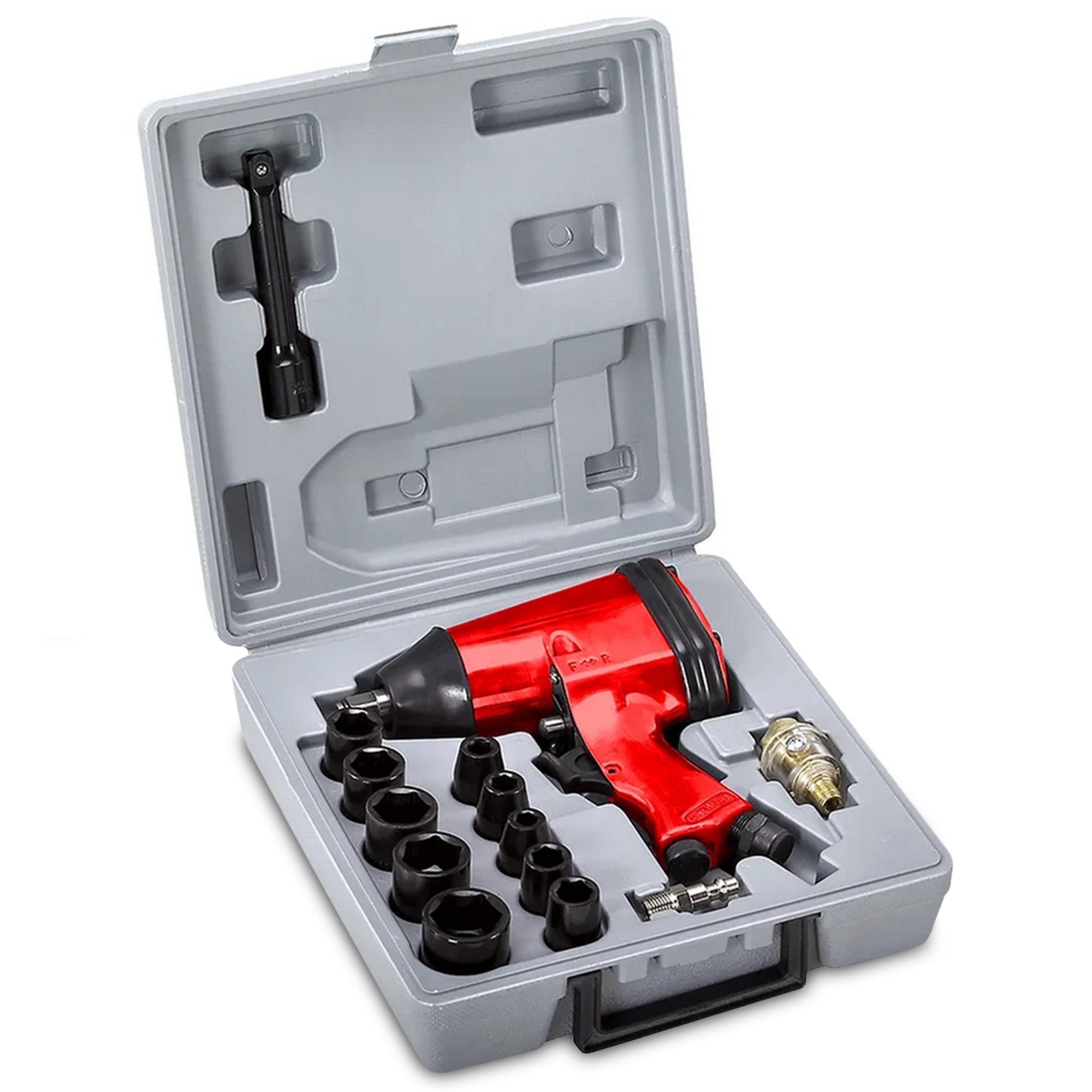 Hecht Druckluft-Schlagschrauber 002075D Set 1/2 Zoll im Koffer, 7000 U/min, 310 Nm, (Werkzeug-Set, 17-tlg., im Koffer), Doppelhammer-Schlagwerk, 4-stufig, im Koffer