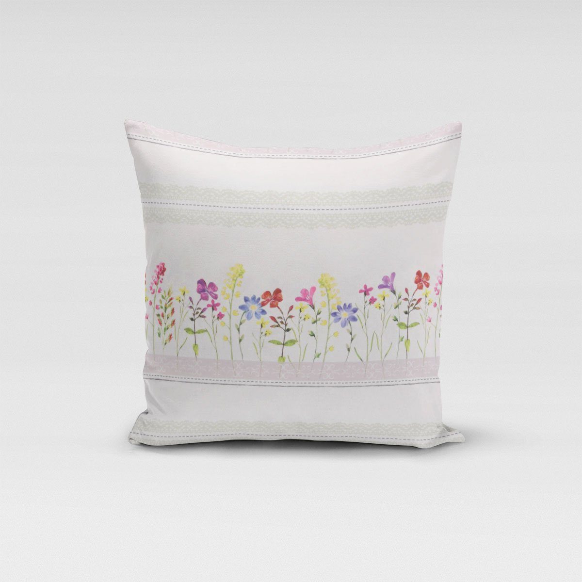 SCHÖNER LEBEN. Dekokissen Kissenhülle Blumen Streifen Spitze ecru bunt 80x80cm, made in Germany,handmade