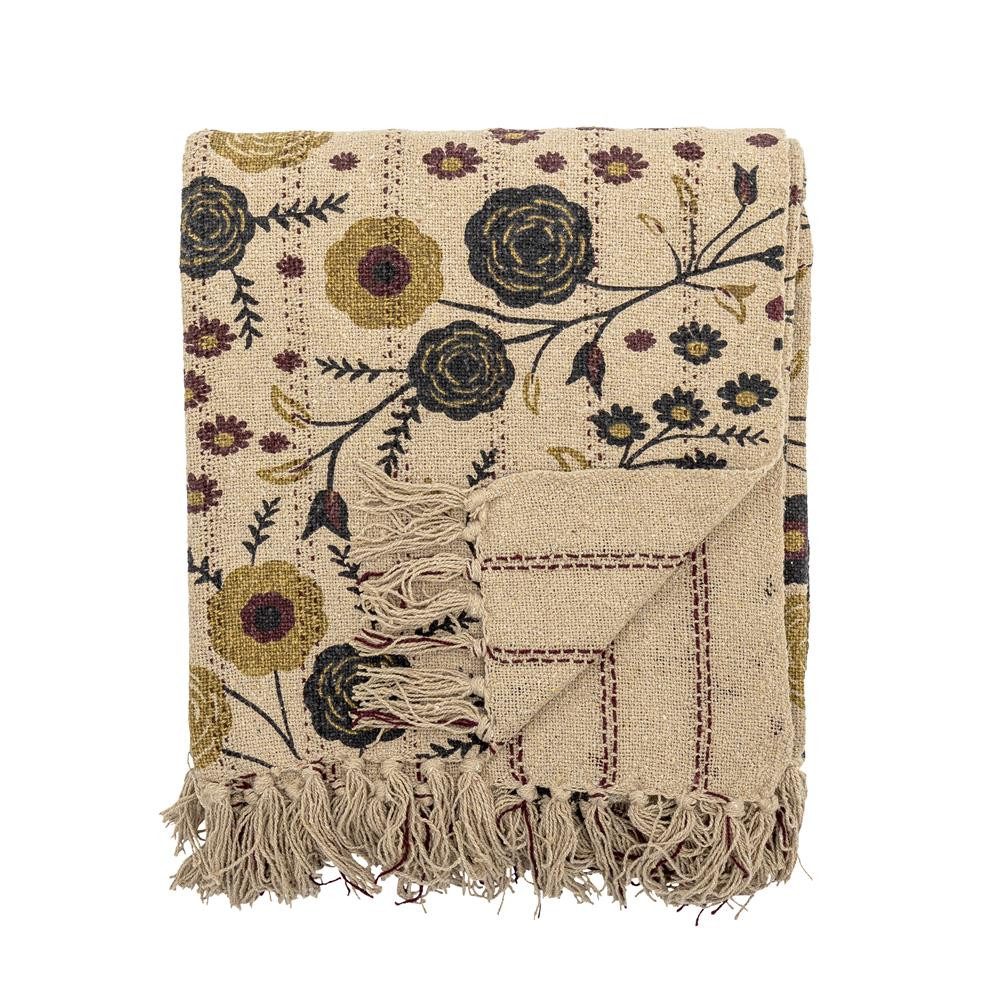 Wohndecke Eydis Decke Natur 160x130 cm, Bloomingville, Recycelte Baumwolle mit floralem Muster