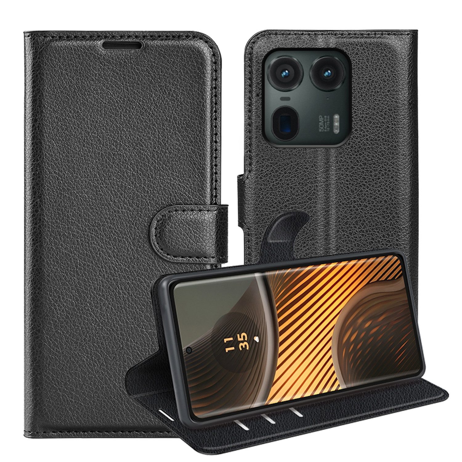 Wigento Smartphone-Hülle Für Motorola Edge 50 Pro 5G Kunst-Leder Book Wallet Tasche Schwarz