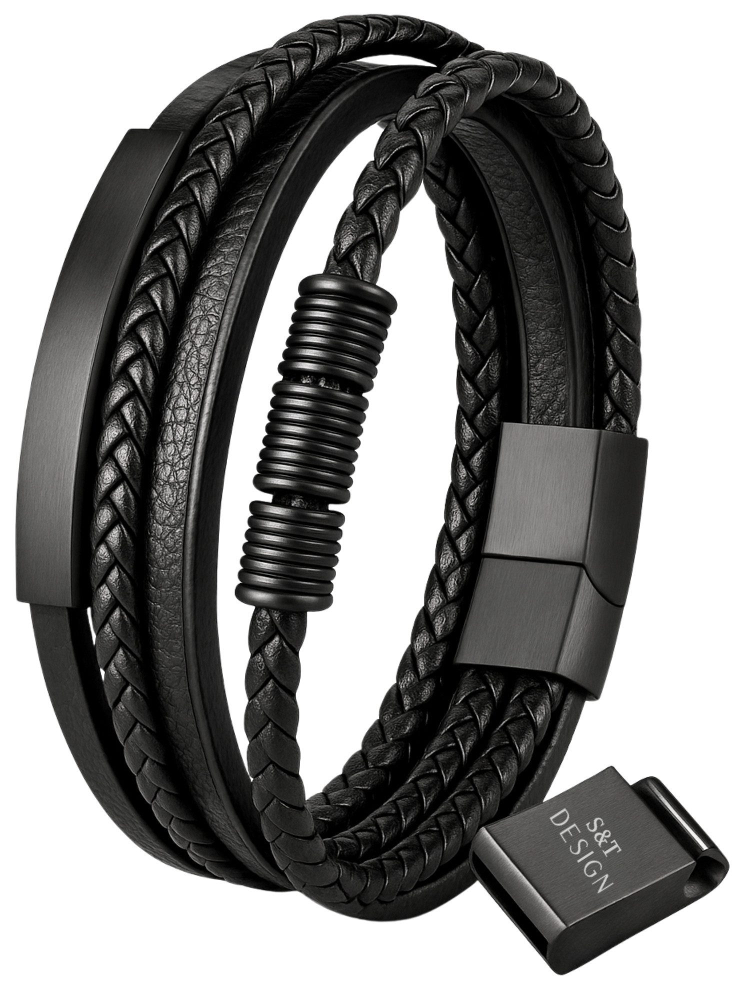 S&T Design Lederarmband Herren Armband Schwarz Schmuck Edelstahl (Geschenkebox (Etui), Geflochten), Magnetverschluss & Verlängerung Geschenk für Männer Söhne Kinder