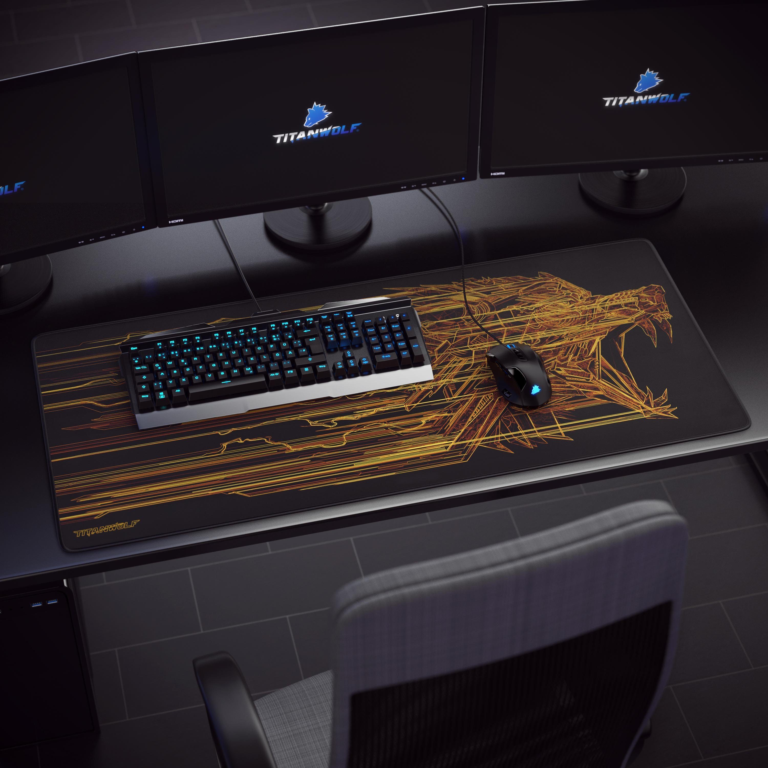 Titanwolf Gaming Mauspad XXL Speed Mousepad 900 x 400 x 3 mm, große Tischunterlage, rutschfest, abwaschbar, Geschwindigkeit & Präzision, Wolfmotiv orange