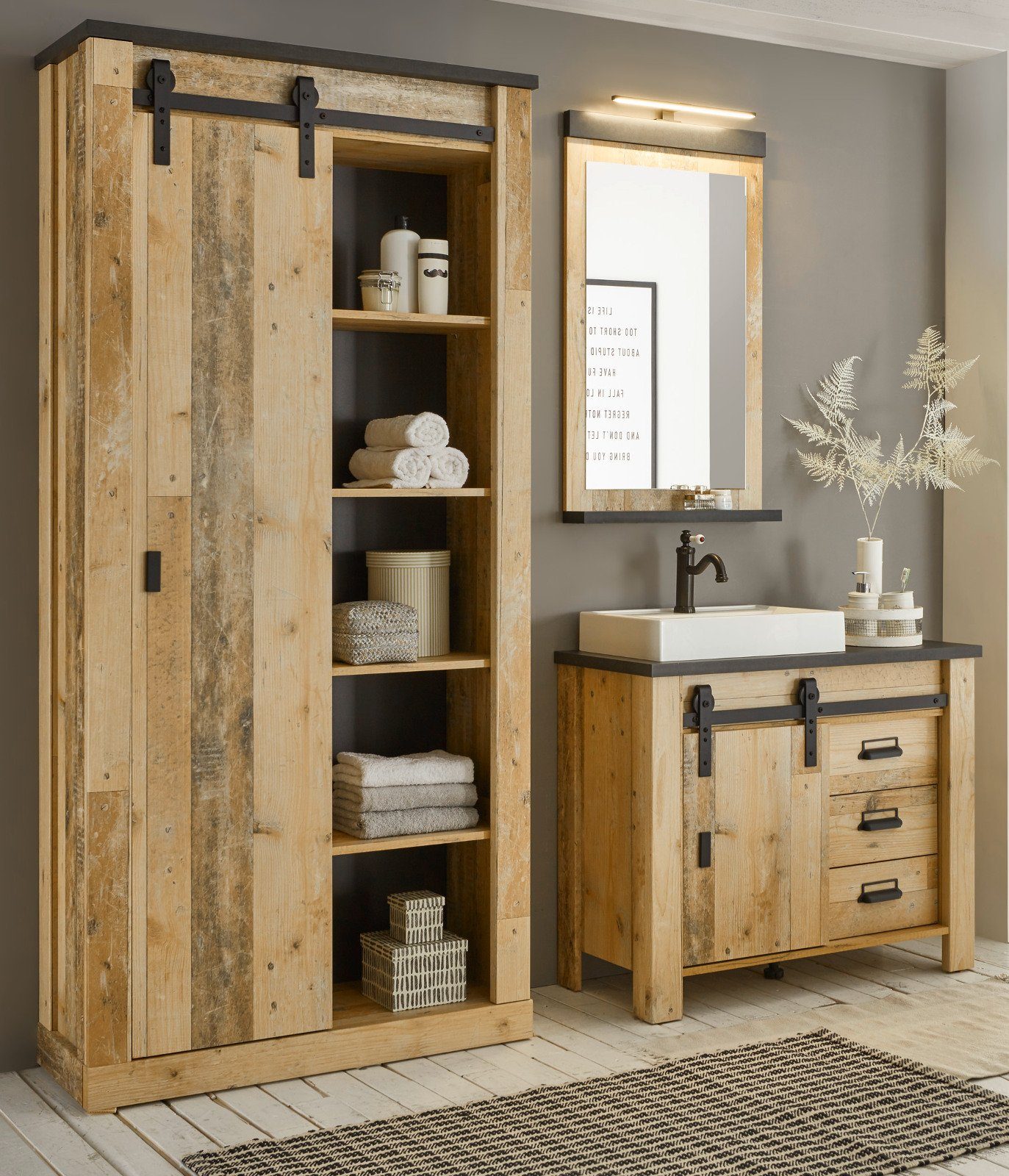 Furn.Design Badmöbel-Set Stove, (in Used Wood, Komplett Set), inklusive Waschbecken und Beleuchtung, Soft-Close