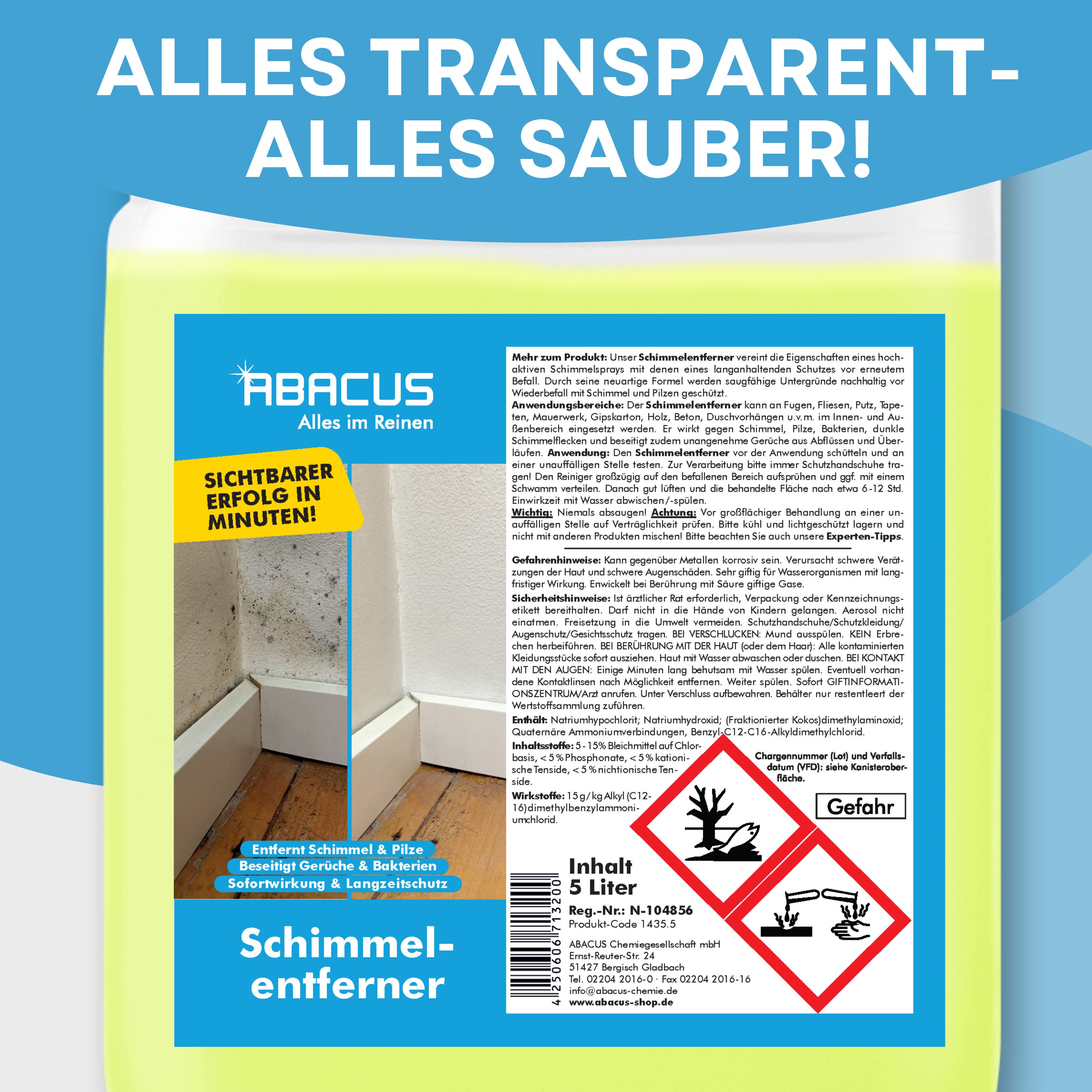 ABACUS Anti-Schimmel-Spray, Schimmelex für Wand und Bad, Anti-Schimmel Schimmelentferner (inkl. Experten Tipps, [- 1x 5L Schimmelentferner Sofortwirkung mit Langzeiteffekt)
